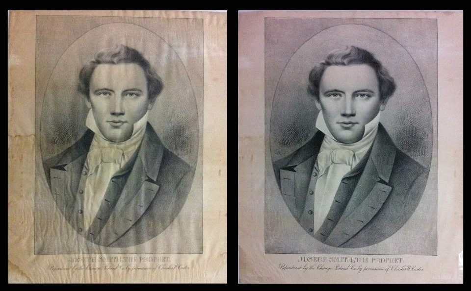 A beautiful lithograph from the 1800s of Joseph Smith. We washed and mended the paper so it will last a long time.