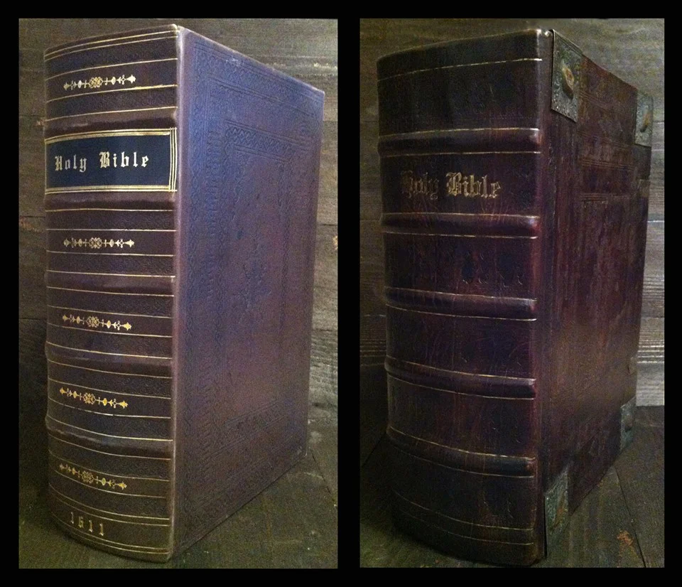 Before and after 1611 King James Bible Rebind. The book had already been rebound, if you're a bit confused. Our goal in rebinding the bible was to make sure it was properly preserved and then rebound with a period appropriate binding. The after should look older. . .