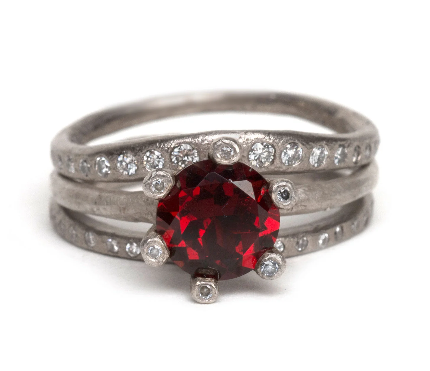 18 carat White Gold Garnet Ring set with Diamonds and Matching Wedding Band.jpg