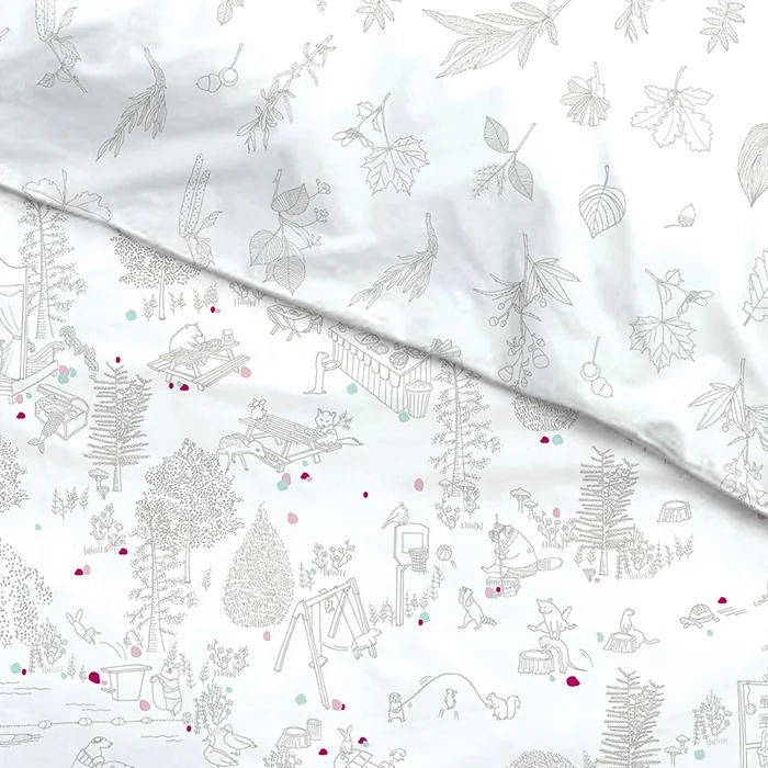 Chapitre 2, L'Ecole buissonnière Motifs créés avec l'illustratrice Line Godefroid pour la marque de linge de lit intelligent Louis Le Sec .