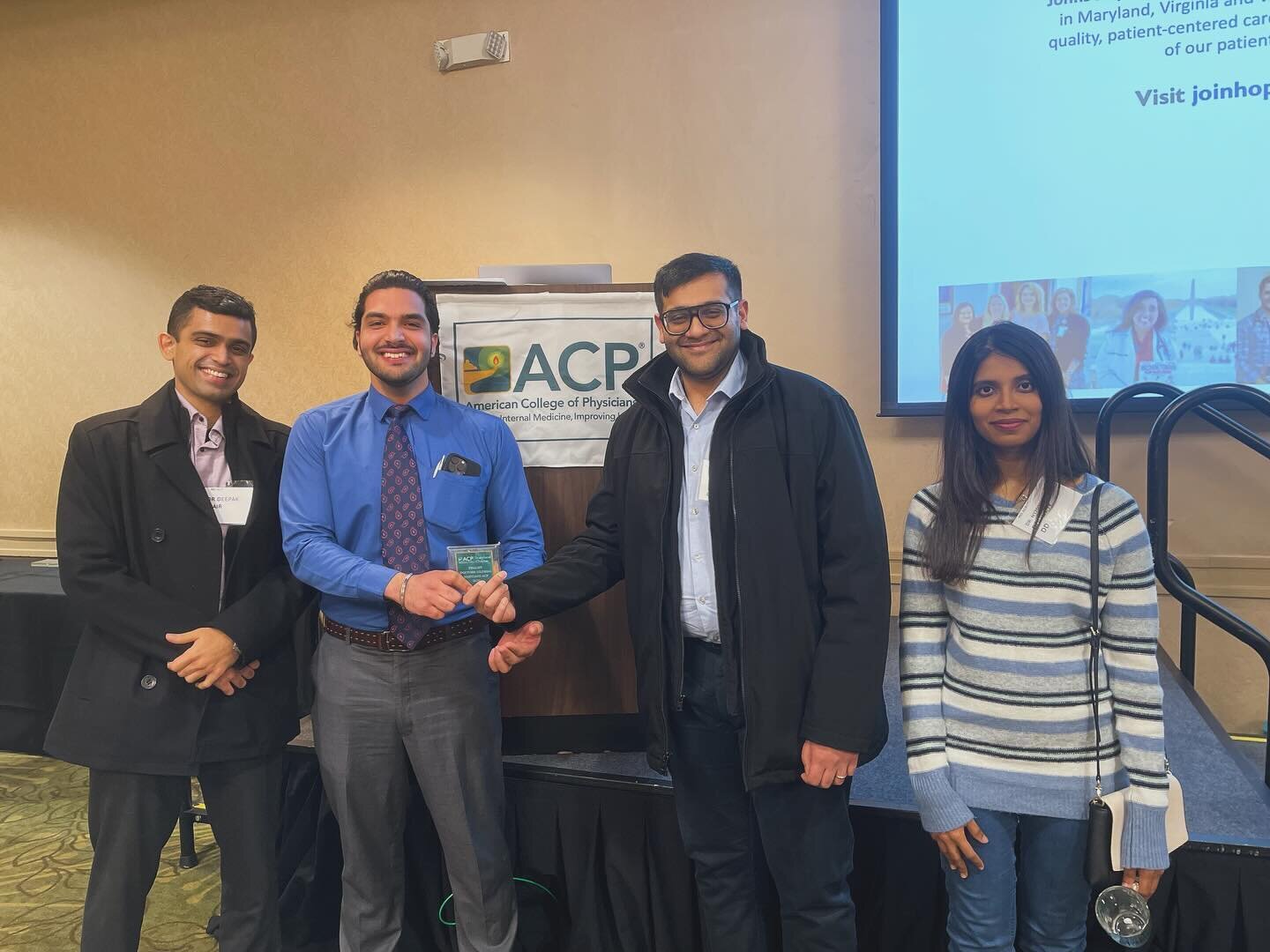Congratulations to Harshit Narula (PGY1) for being a key player in an ad hoc team that won 2nd place in the Maryland ACP Doctors&rsquo; Dilemma!🥈Kudos to Rishabh Bansal (PGY3 and Team Captain), Nymisha Boddeti (PGY2), and Deepak Nair (PGY3) for work