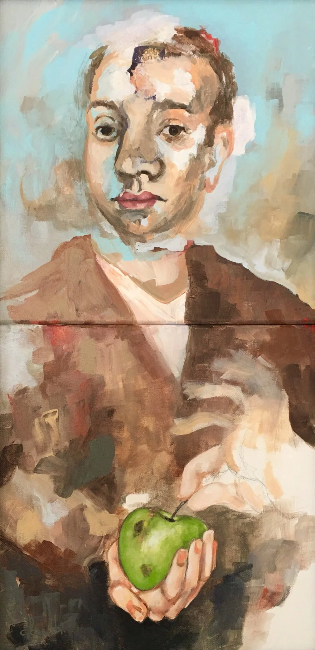 lobby boy with apple 24x12 inches acrylic on canvas