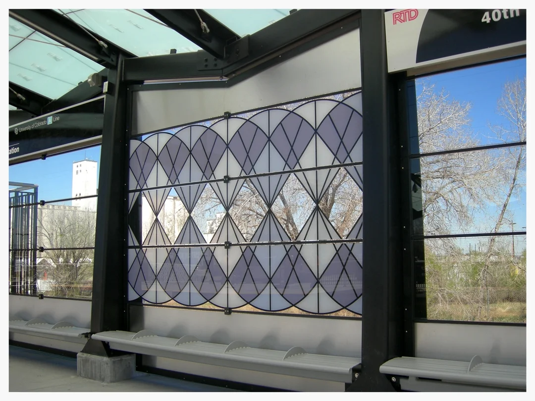    RTD   A Line Windscreens Commission, "Tumbleweeds Really Do Exist", 5 Stations, Ceramic Frit on Glass, Denver, CO, 2016 (40th/CO Station, 1 of 8 bays) 