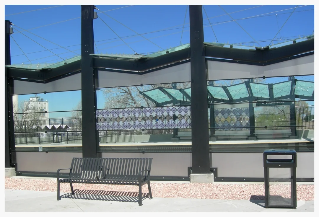    RTD   A Line Windscreens Commission, "Tumbleweeds Really Do Exist", 5 Stations, Ceramic Frit on Glass, Denver, CO, 2016 (40th/CO Station, 1 of 8 bays) 