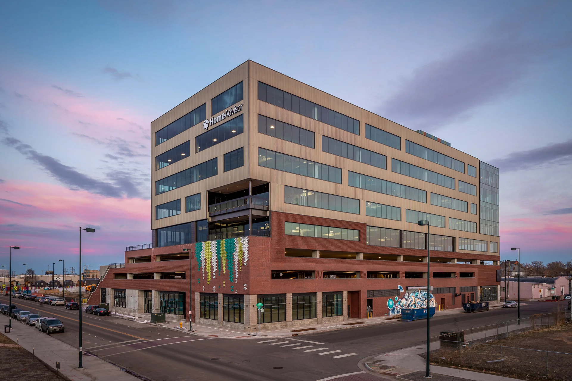 “Blossoms for Makita”, Acrylic & latex paint, 24x45’, The HUB, Denver, CO, 2018. Photo Credit: Caleb Tkach