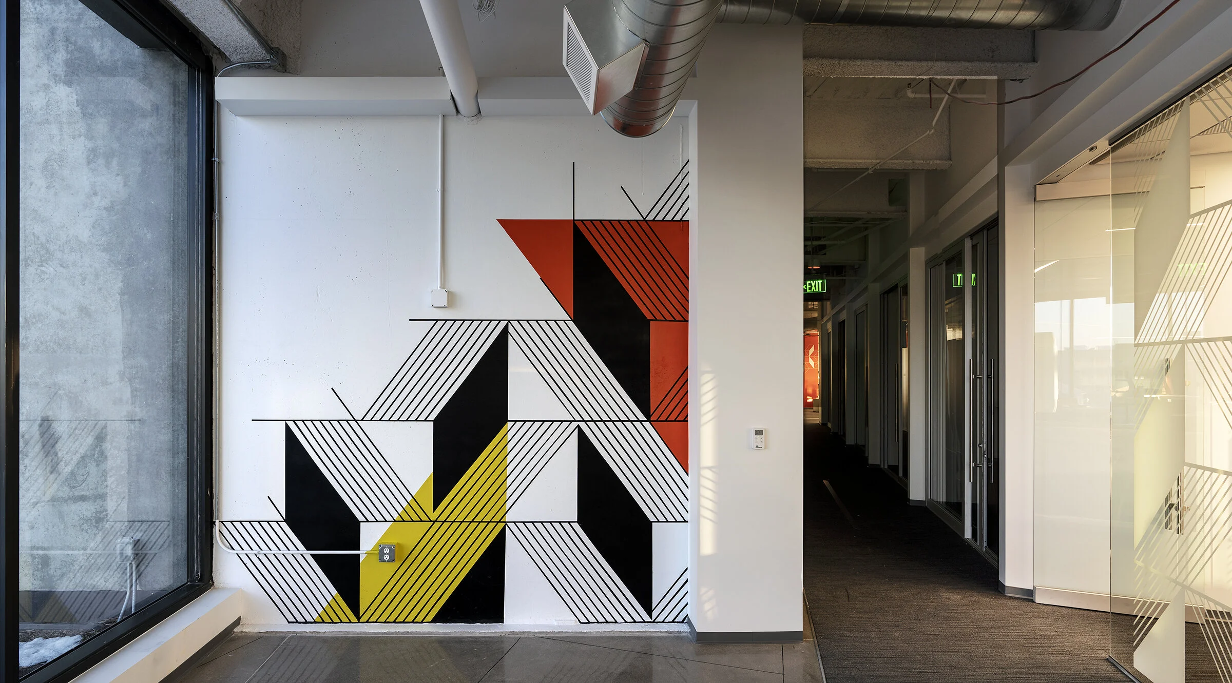 EverCommerce, Acrylic Mural & Vinyl on glass, Denver, CO, 2020. Photo: Peter Kowalchuck