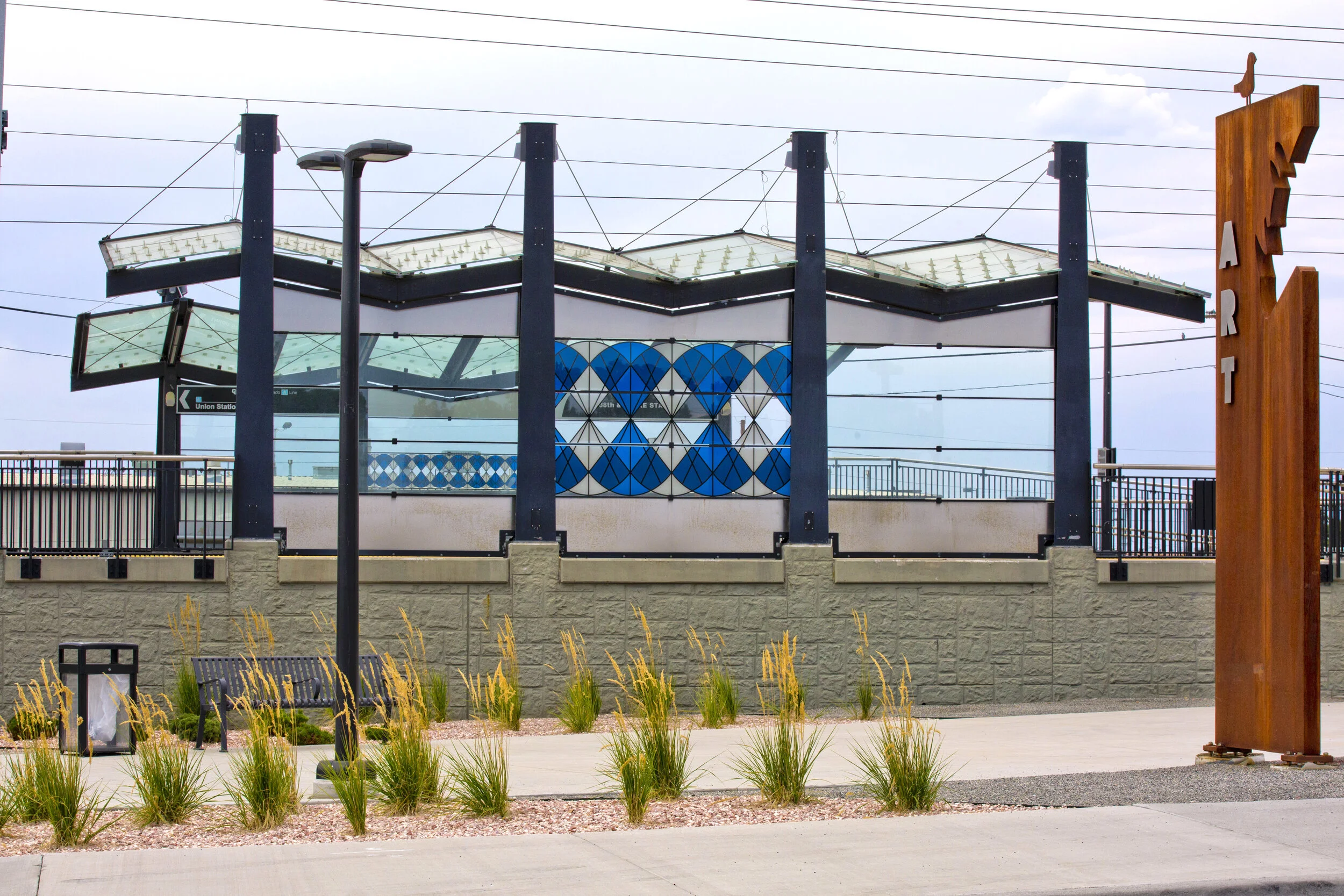RTD A Line Windscreens Commission, "Tumbleweeds Really Do Exist", 5 Stations, Ceramic Frit on Glass, Denver, CO, 2016 (38th/Blake Station, 2 of 8 bays)