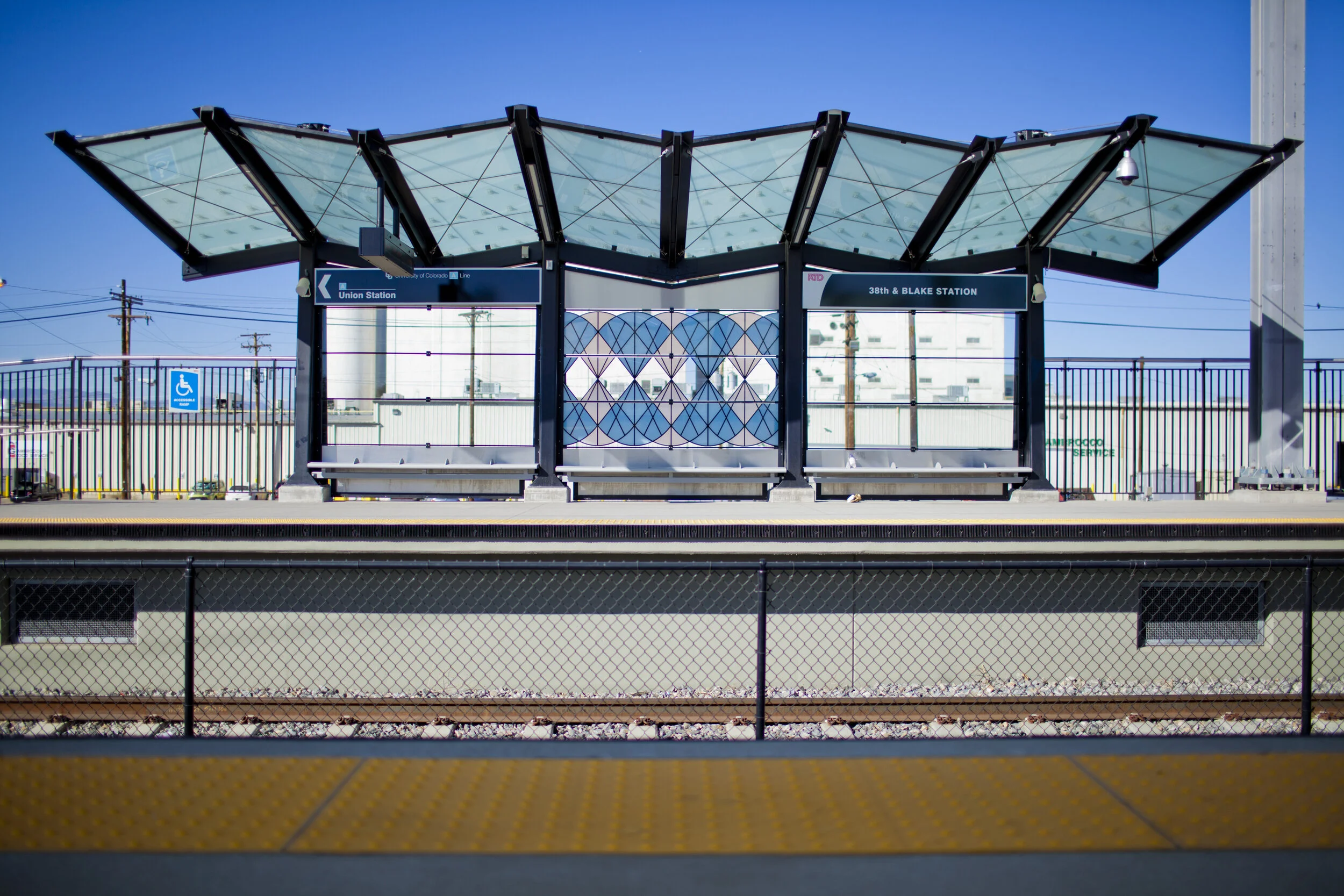 RTD A Line Windscreens Commission, "Tumbleweeds Really Do Exist", 5 Stations, Ceramic Frit on Glass, Denver, CO, 2016 (38th/Blake Station, 1 of 8 bays)