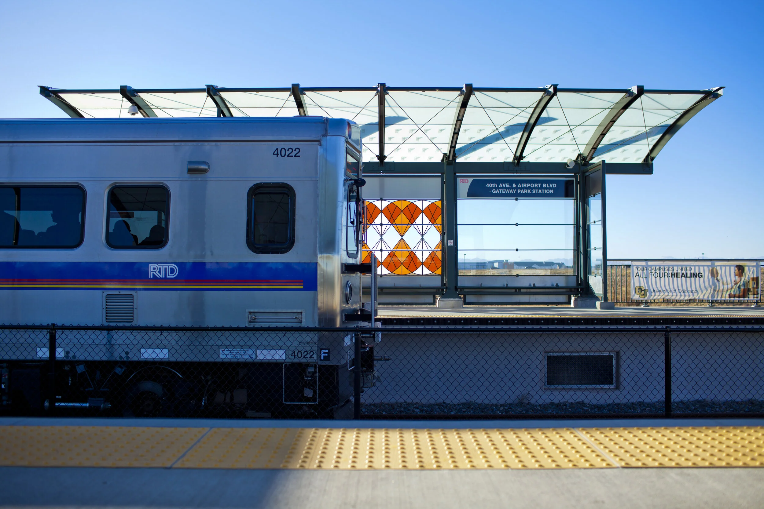 RTD A Line Windscreens Commission, "Tumbleweeds Really Do Exist", 5 Stations, Ceramic Frit on Glass, Denver, CO, 2016 (40th/Airport Station, 1 of 8 bays)