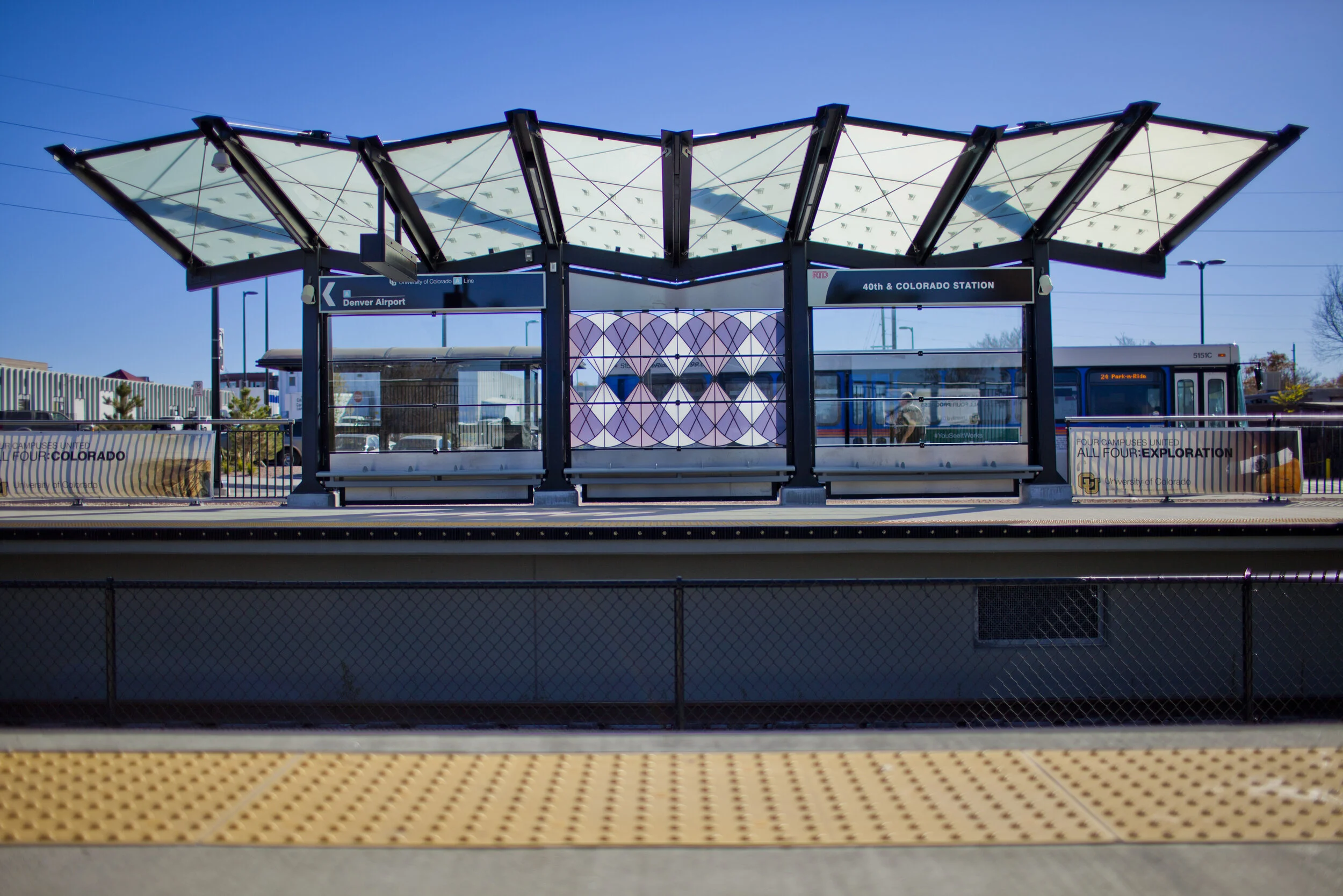 RTD A Line Windscreens Commission, "Tumbleweeds Really Do Exist", 5 Stations, Ceramic Frit on Glass, Denver, CO, 2016 (40th/CO Station, 1 of 8 bays)