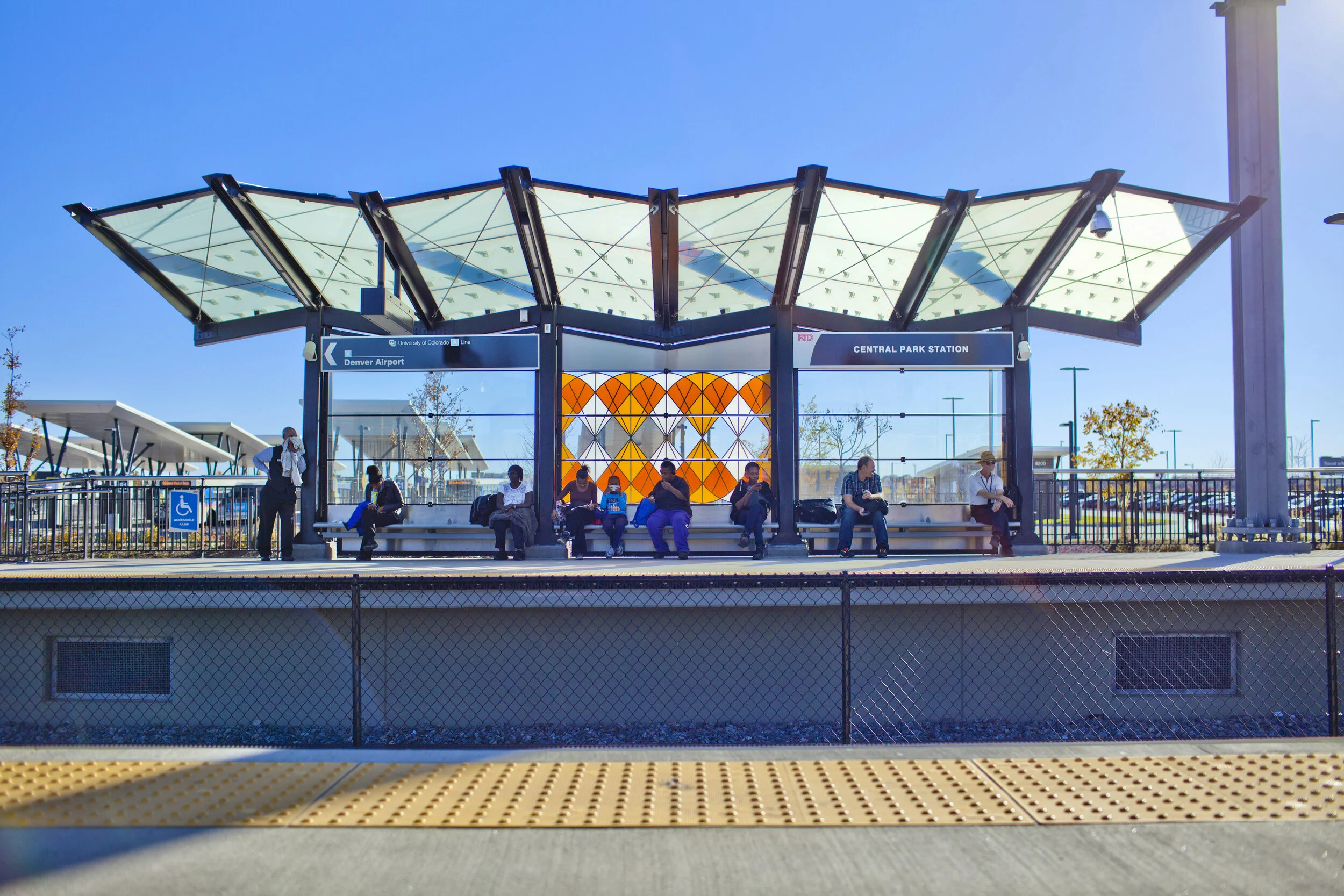 RTD A Line Windscreens Commission, "Tumbleweeds Really Do Exist", 5 Stations, Ceramic Frit on Glass, Denver, CO, 2016 (Central Park Station, 1 of 8 bays)