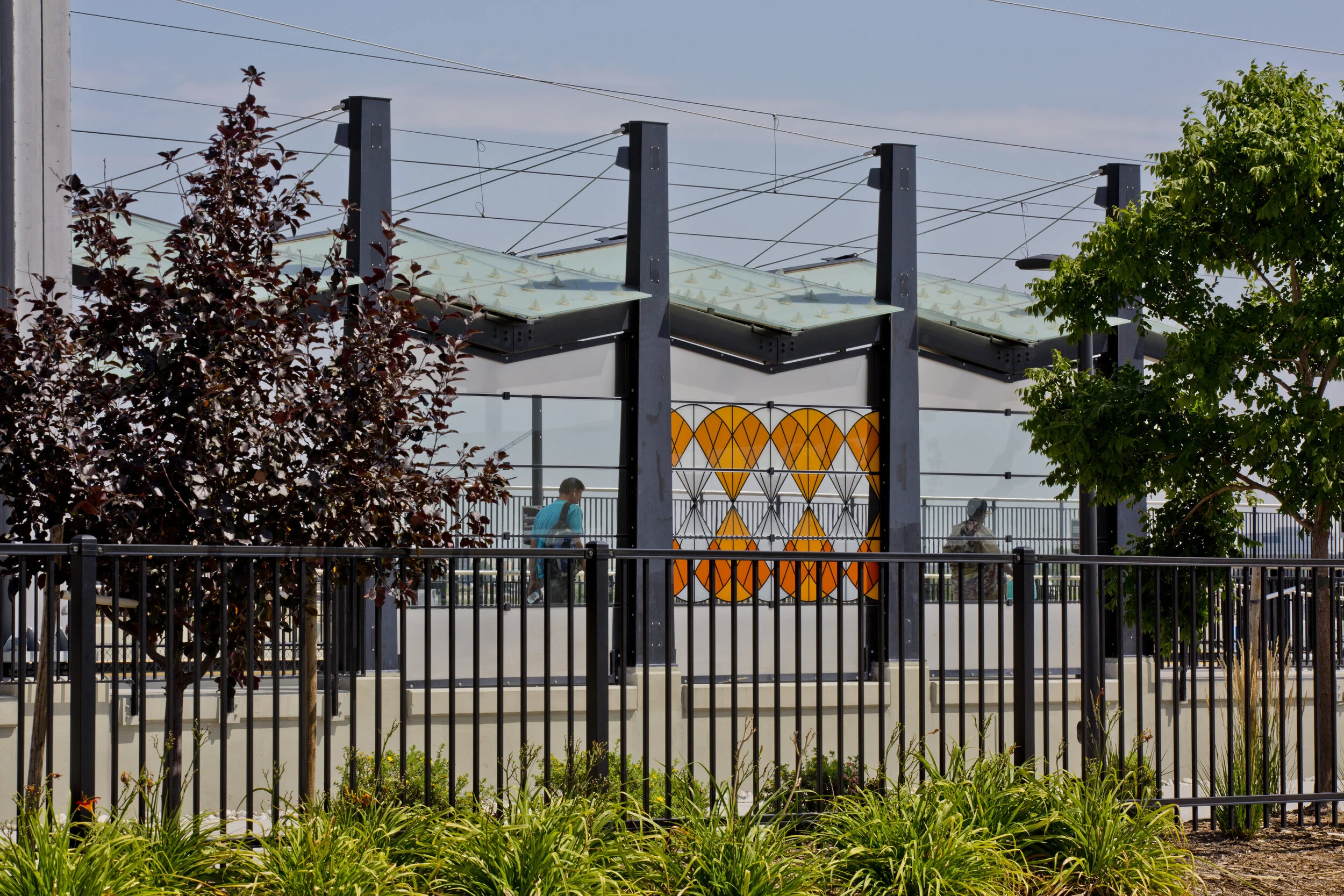 RTD A Line Windscreens Commission, "Tumbleweeds Really Do Exist", 5 Stations, Ceramic Frit on Glass, Denver, CO, 2016 (Central Park Station, 1 of 8 bays)inuse2