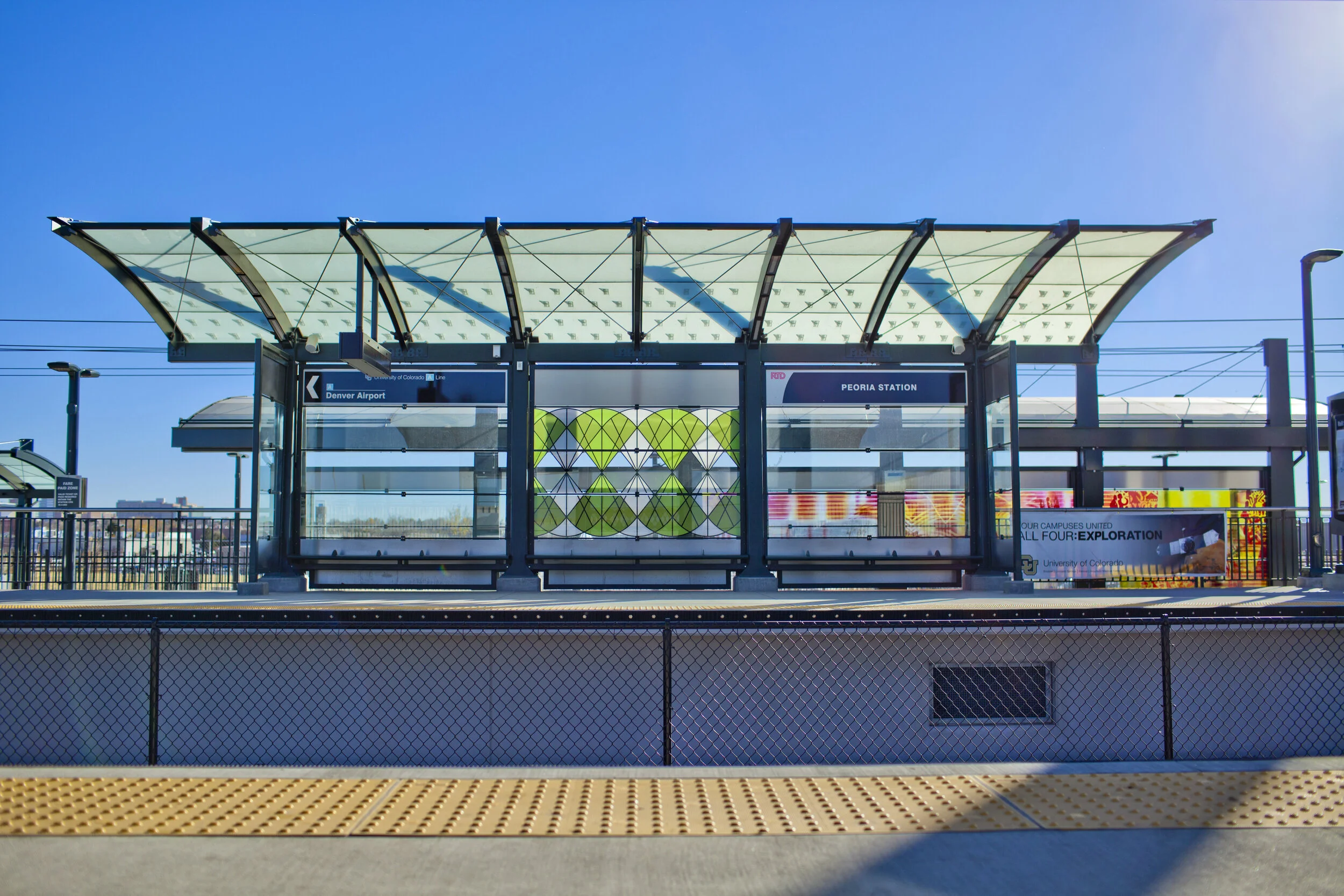 RTD A Line Windscreens Commission, "Tumbleweeds Really Do Exist", 5 Stations, Ceramic Frit on Glass, Denver, CO, 2016 (Peoria Station, 1 of 8 bays)
