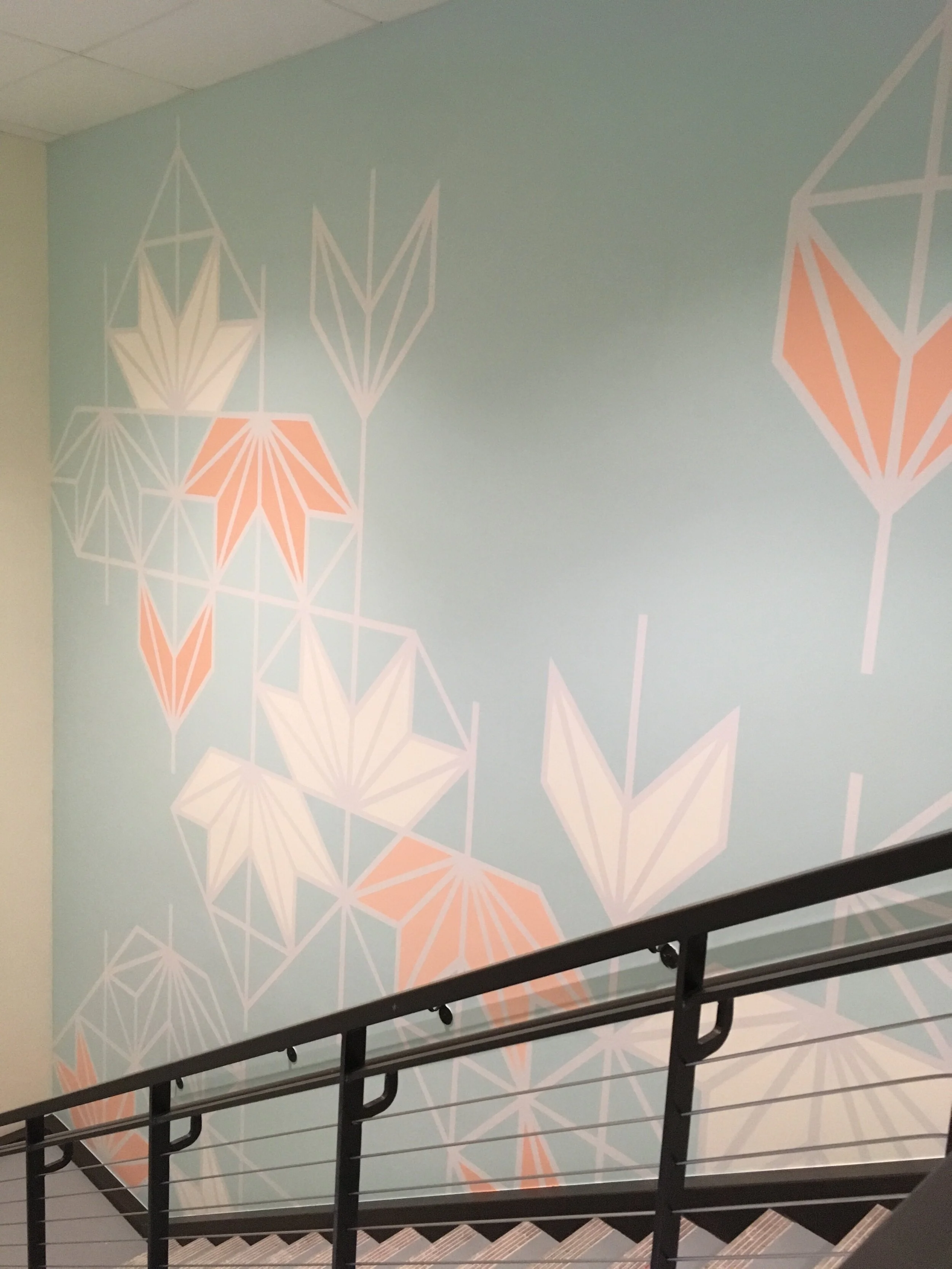 "Lotus Flow",  5 level stairwell, 23'x55'5", Acrylic Paint, Vail Health, Vail, CO, 2020, Site View 2