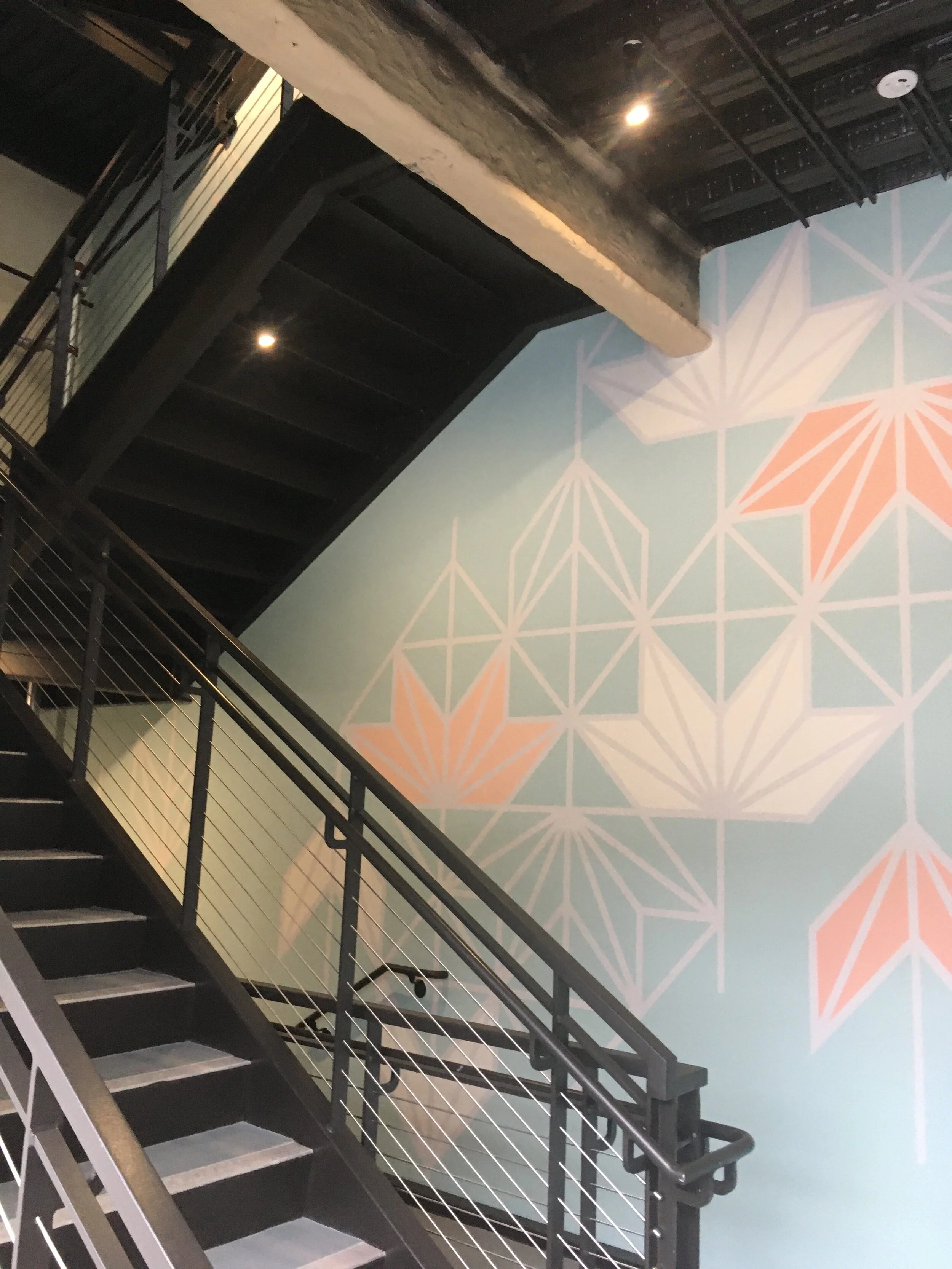 "Lotus Flow",  5 level stairwell, 23'x55'5", Acrylic Paint, Vail Health, Vail, CO, 2020, Site View 3