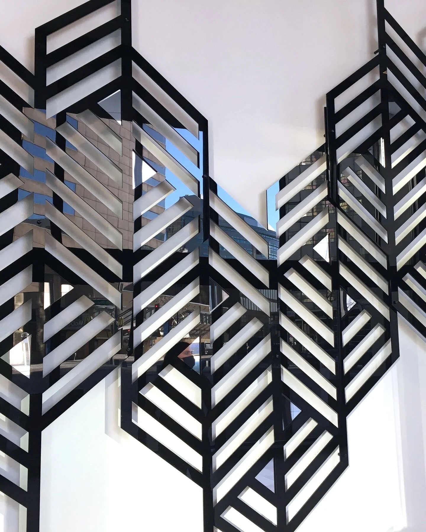 1600 Broadway Lobby Installation, Black and Silver Mirror Acrylic, 18'x16'x3", Downtown Denver, CO, 2020, Close up View
