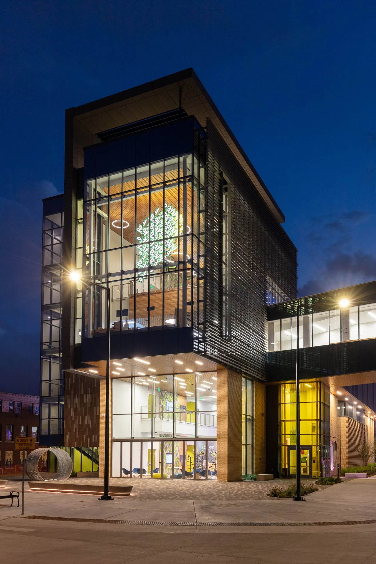 CSU Spur Campus, Food & Agriculture Bldg, Interior Installation, Tomorrow's Food (Street view), Painted aluminum, acrylic and LED's, 24’ x 12’ x 7’, 2022