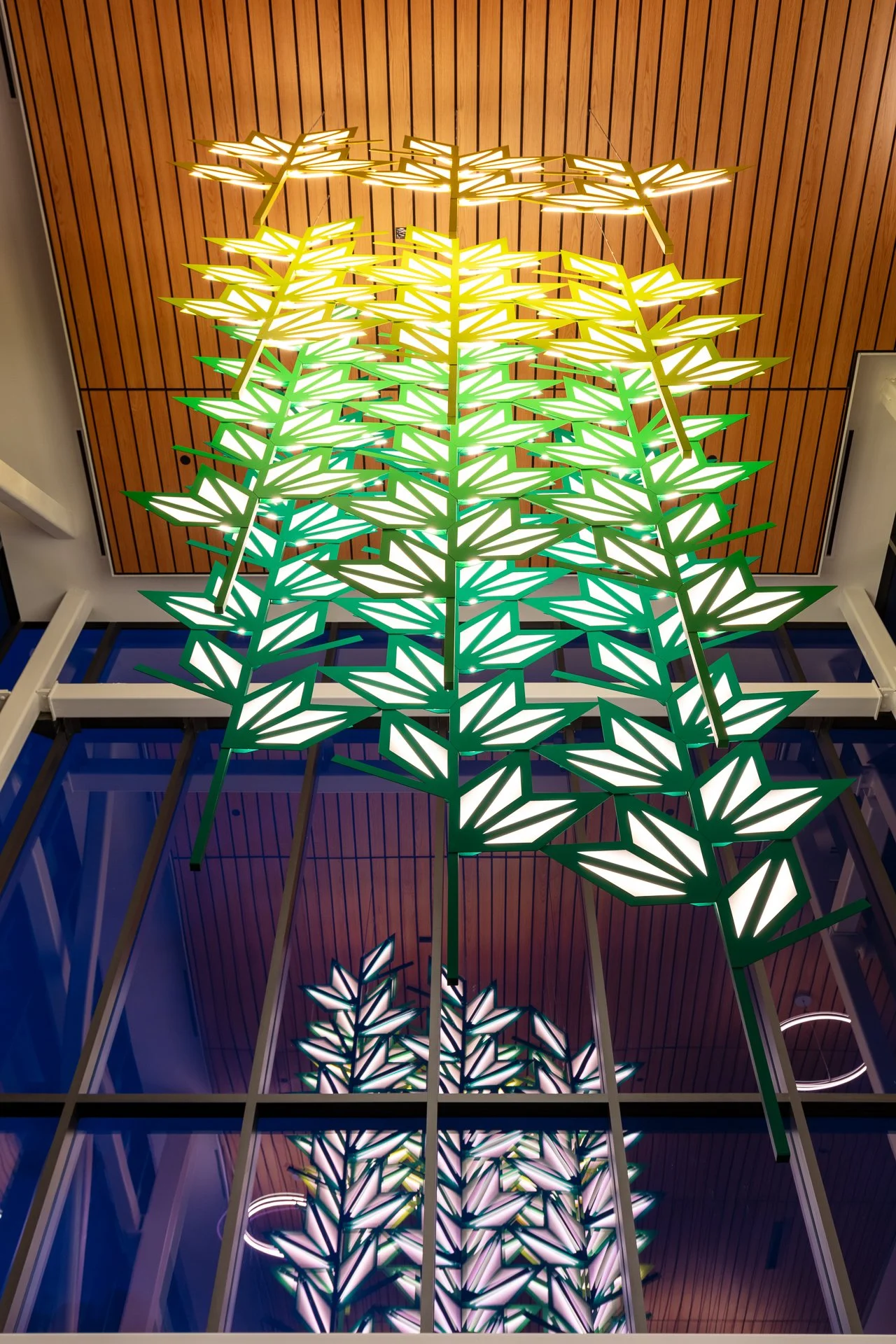 CSU Spur Campus, Food & Agriculture Bldg, Interior Installation, Tomorrow's Food (Below view), Painted aluminum, acrylic and LED's, 24’ x 12’ x 7’, 2022