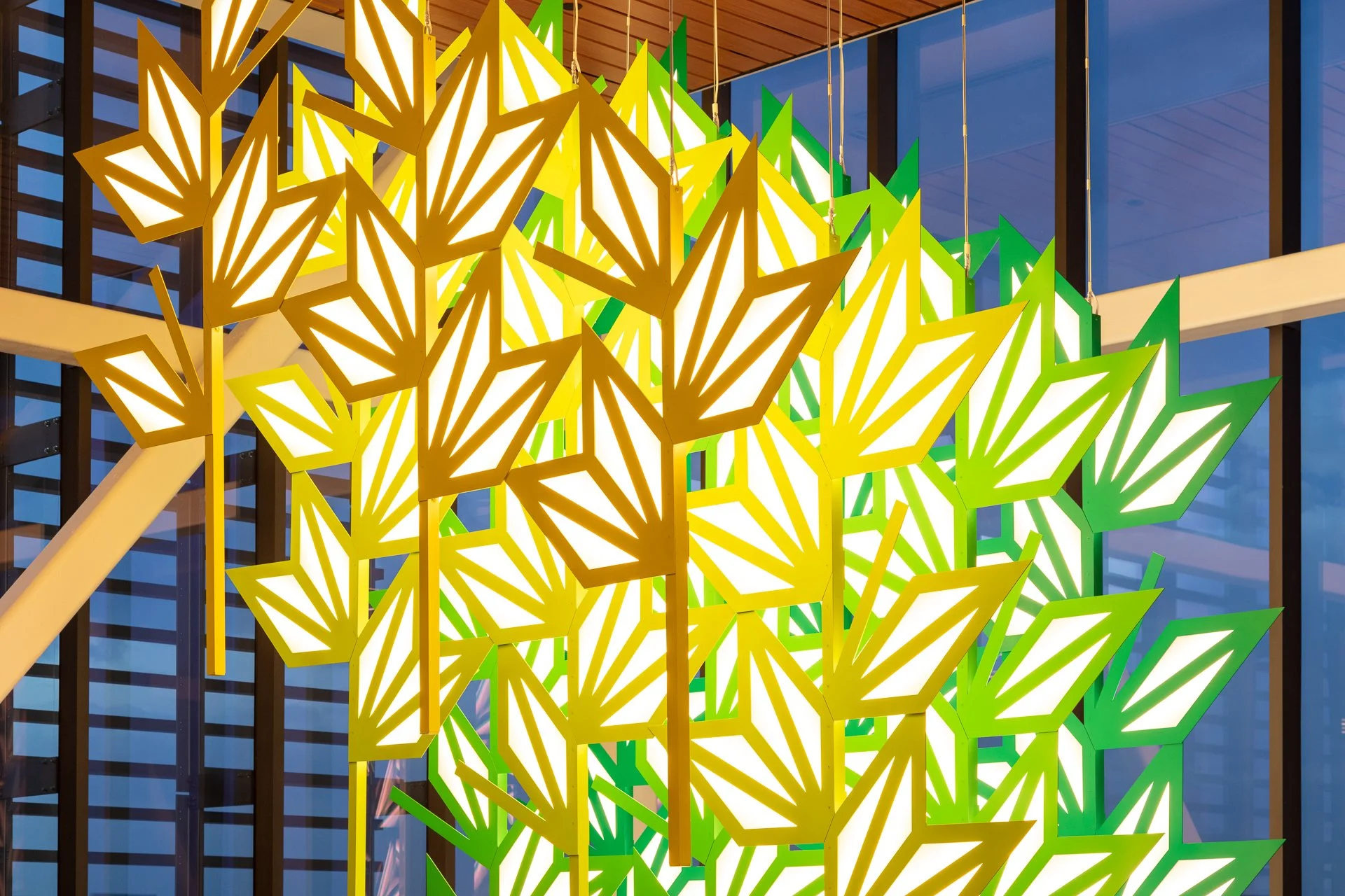 CSU Spur Campus, Food & Agriculture Bldg, Interior Installation, Tomorrow's Food (Close up view), Painted aluminum, acrylic and LED's, 24’ x 12’ x 7’, 2022
