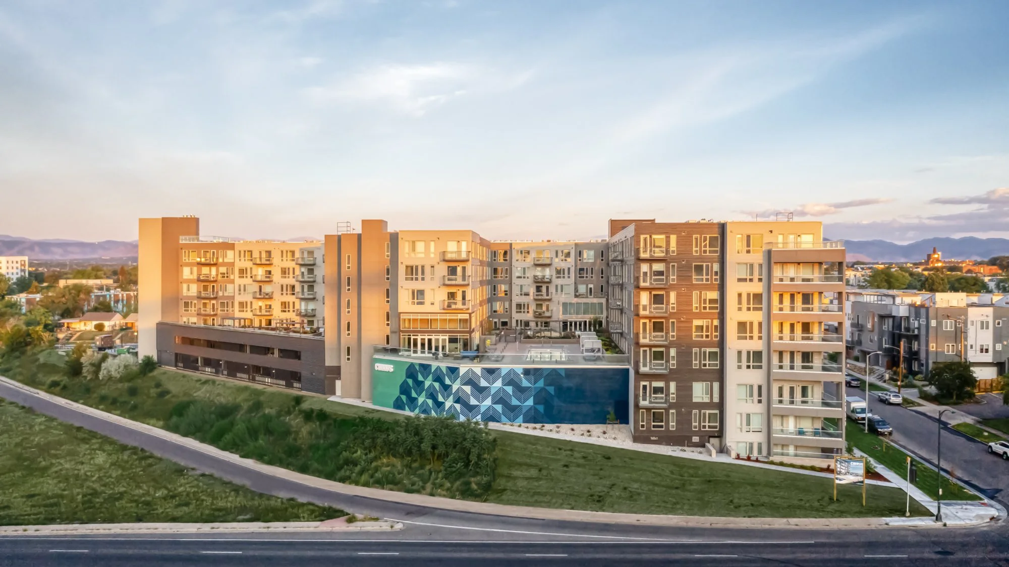 Cirrus Apts, Exterior Mural, 54x20' & 63.5x21', Acrylic Paint, Denver, CO, 2022