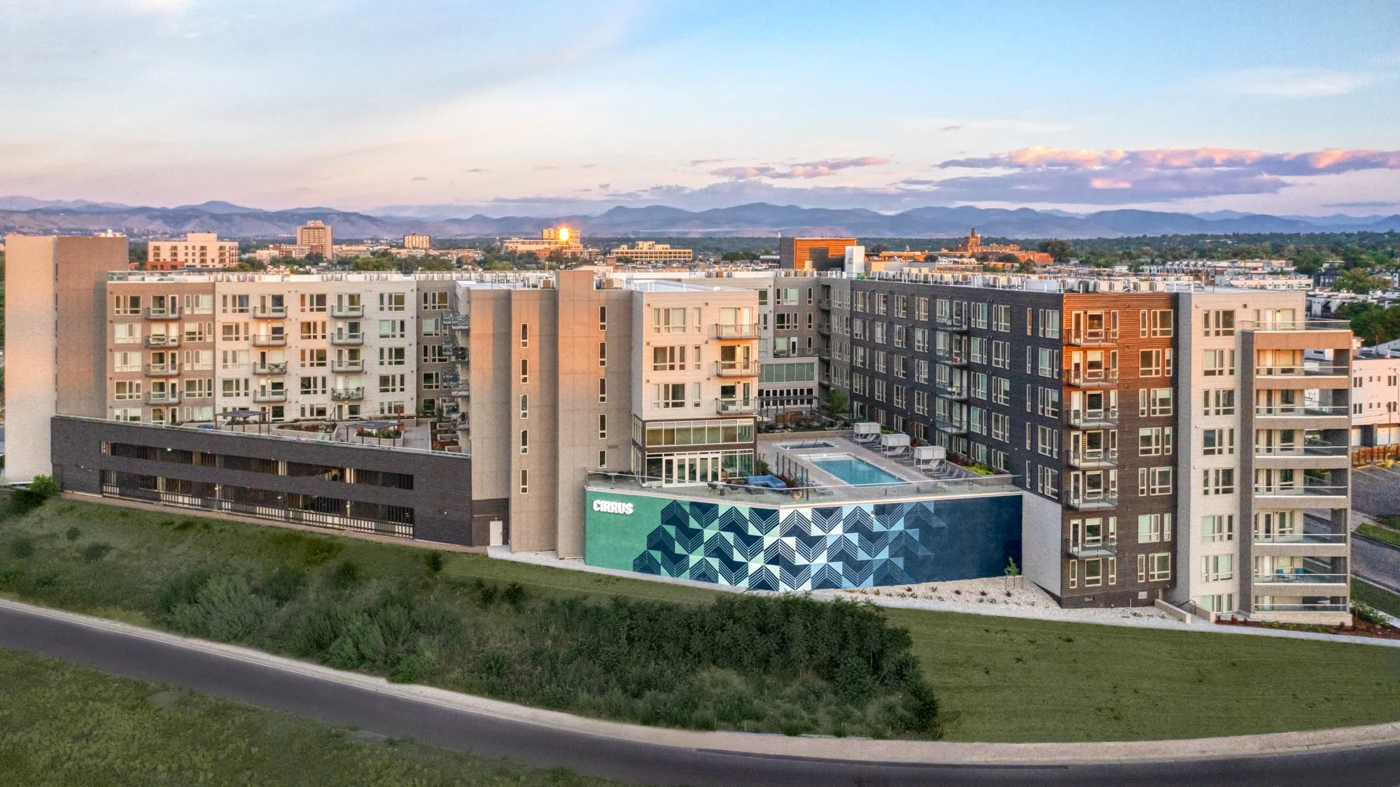 Cirrus Apts, Exterior Mural (view 2), 54x20' & 63.5x21', Acrylic Paint, Denver, CO, 2022