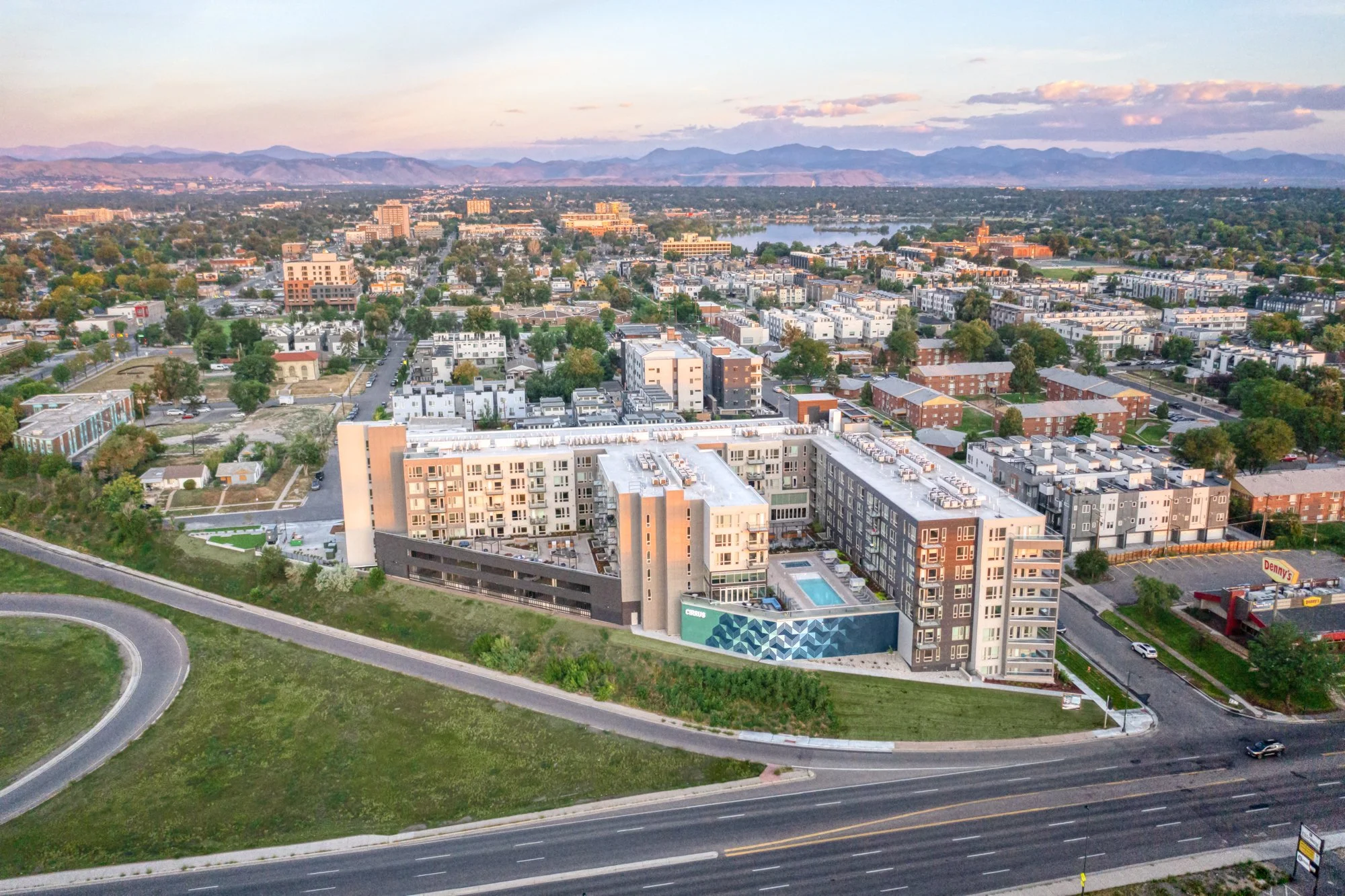 Cirrus Apts, Exterior Mural (Birds eye view), 54x20' & 63.5x21', Acrylic Paint, Denver, CO, 2022