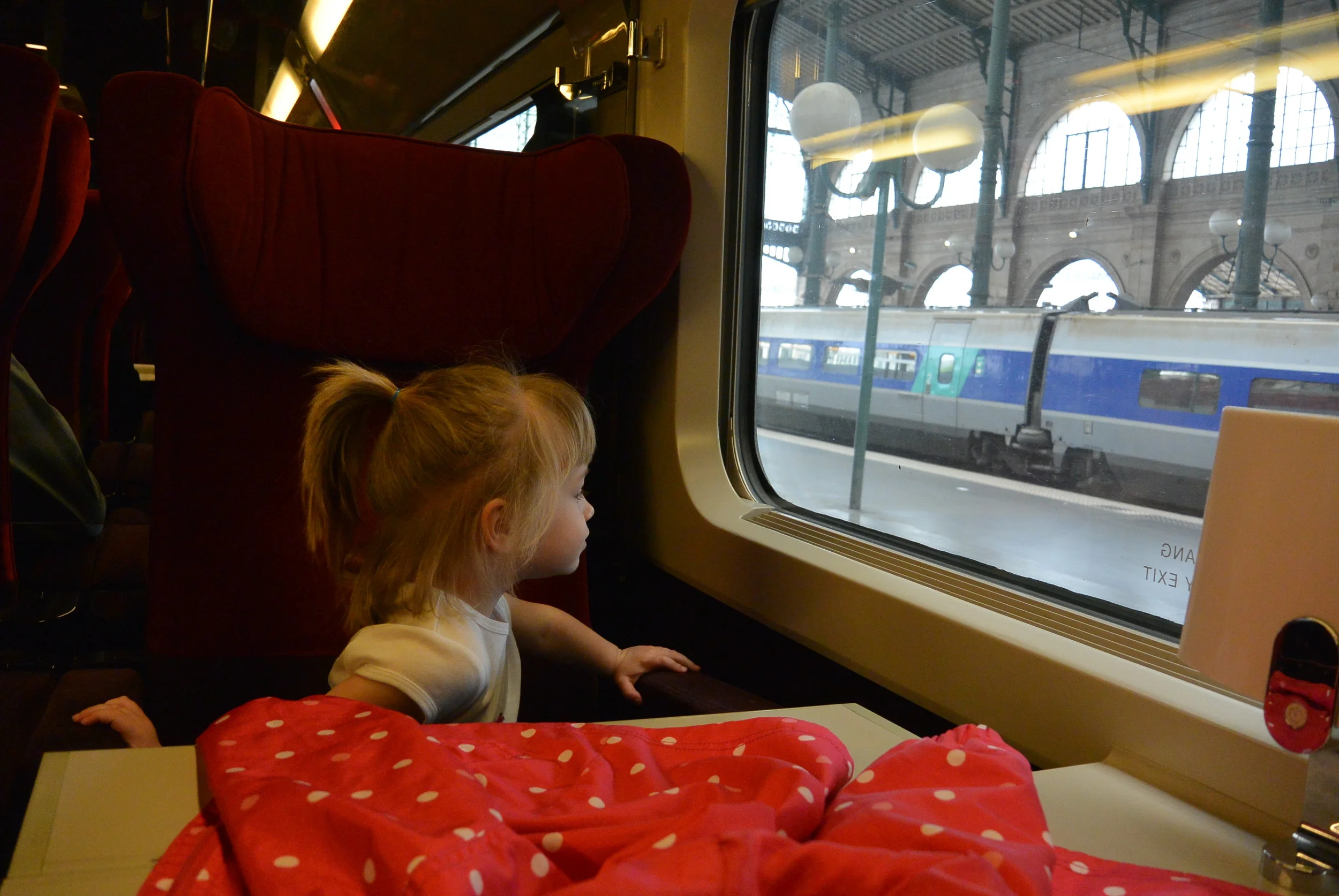 ​Peyton getting ready for the high speed train ride to Brussels.