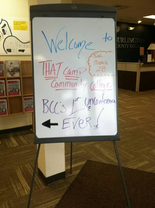 My co-coordinators Chris Gazarra and Gina Yanuzzi did a lot of work the morning of the unconference getting everything set up as I riffed ideas from previous ThatCamps at them. Gina drew this to give directions to those who were coming in.