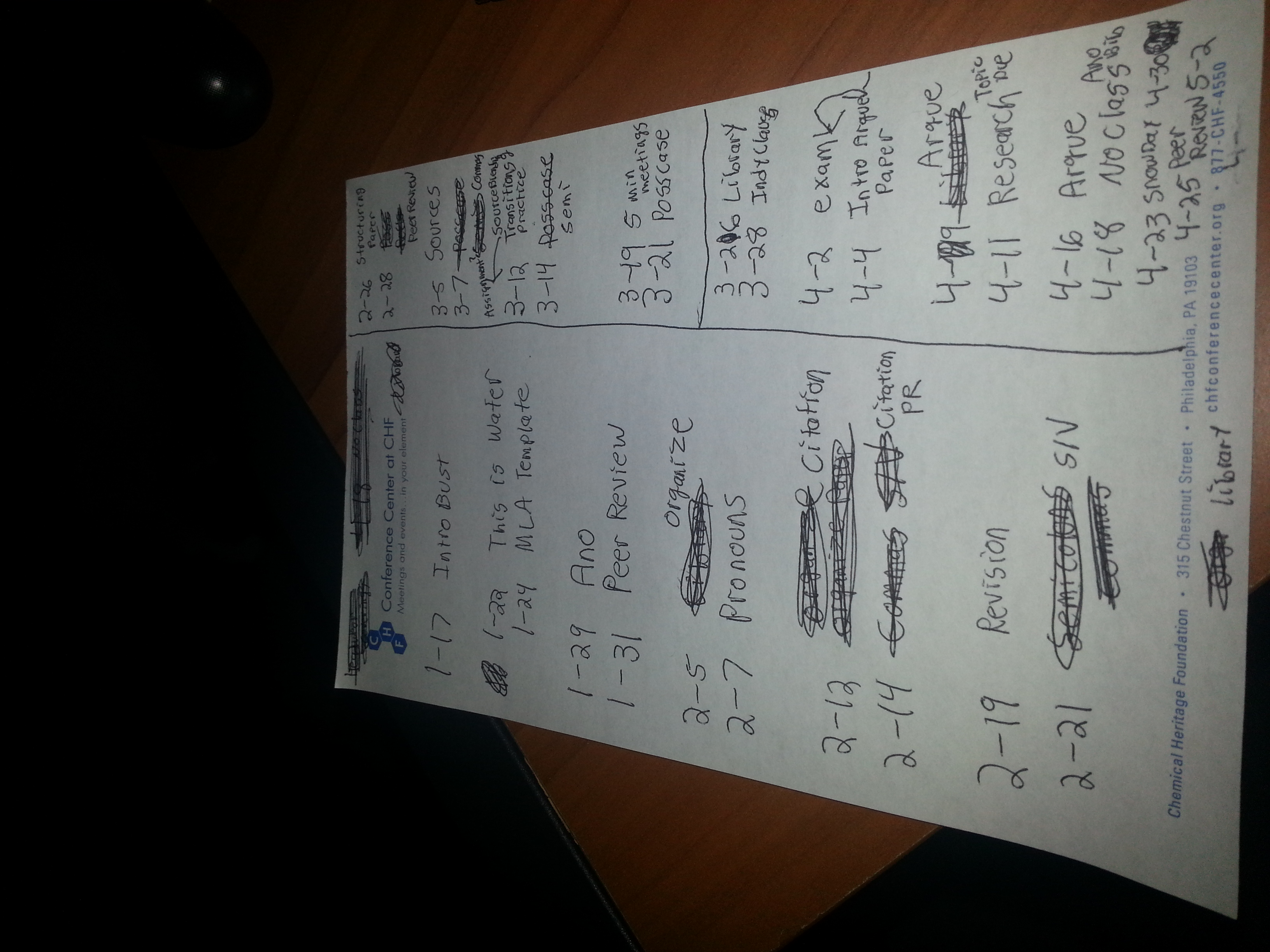  Planning sheet for ENG101. Due to all the snow, this got scrapped pretty quickly. 