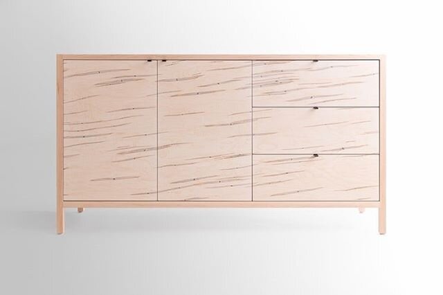 Laska Credenza in Ambrosia Maple. 64x18x35&rdquo;, two door and three drawer configuration. Available now, DM for details.