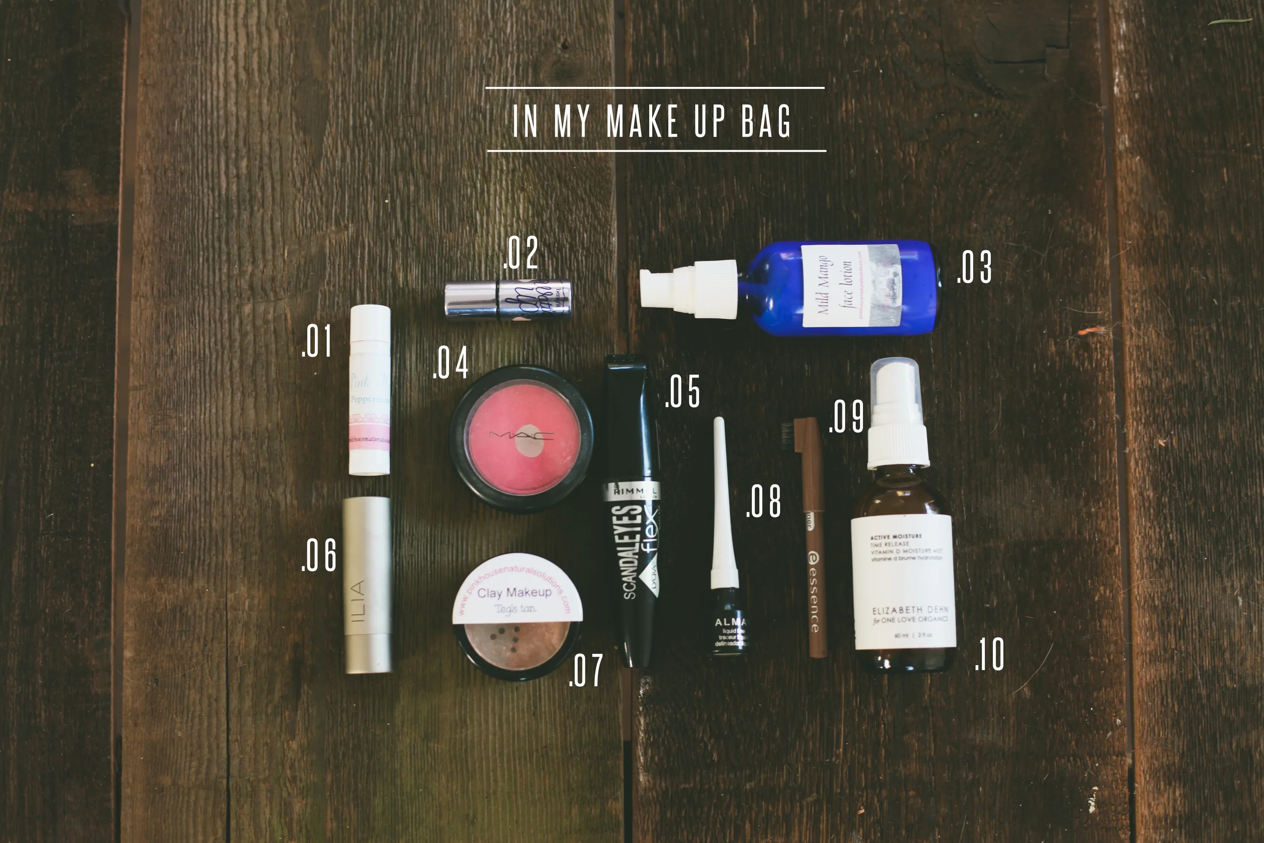 01. Pink House {Peppermint Pie} Perfect balm to start and finish the day // 02 Benefit {Watt's Up} Highlighter //03. Pink House {Night Serum & Day Lotion} this stuff has been changing my skin for the better, I use a cleanser as well that isn't in the shop yet, and my skin has finally been improving - can I get an amen? // 04. Mac Blush {Pinch O' Peach} // 05. Rimmel Scandaleyes // 06. Ilia {Femme Fatale} // 07. Pink House Clay Foundation {Teg's Tan} yup, named after me! // 08. Almay liquid eyeliner, been using this one for years, it's my fav! //09. brow pencil //10. One Love Organics {Vitamin D Moisture Mist} so hydrating and refreshing, I highly recommend this! 
