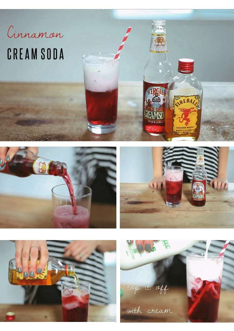 Cinnamon Fireball Cream Soda?! Spicy, smooth & sweet. This is one wild soda recipe that we fell in love with! I love experimenting with fireball, it is practically like candy cinnamon hearts crushed to perfection. Paired with this black cherry cream soda and topped with fresh cream was a fantastic tasty explosion. A fun drink to have with your friends! p.s. we forgot our shot glass, so just poured in a lick of fireball, this drink just needs 1 oz. 