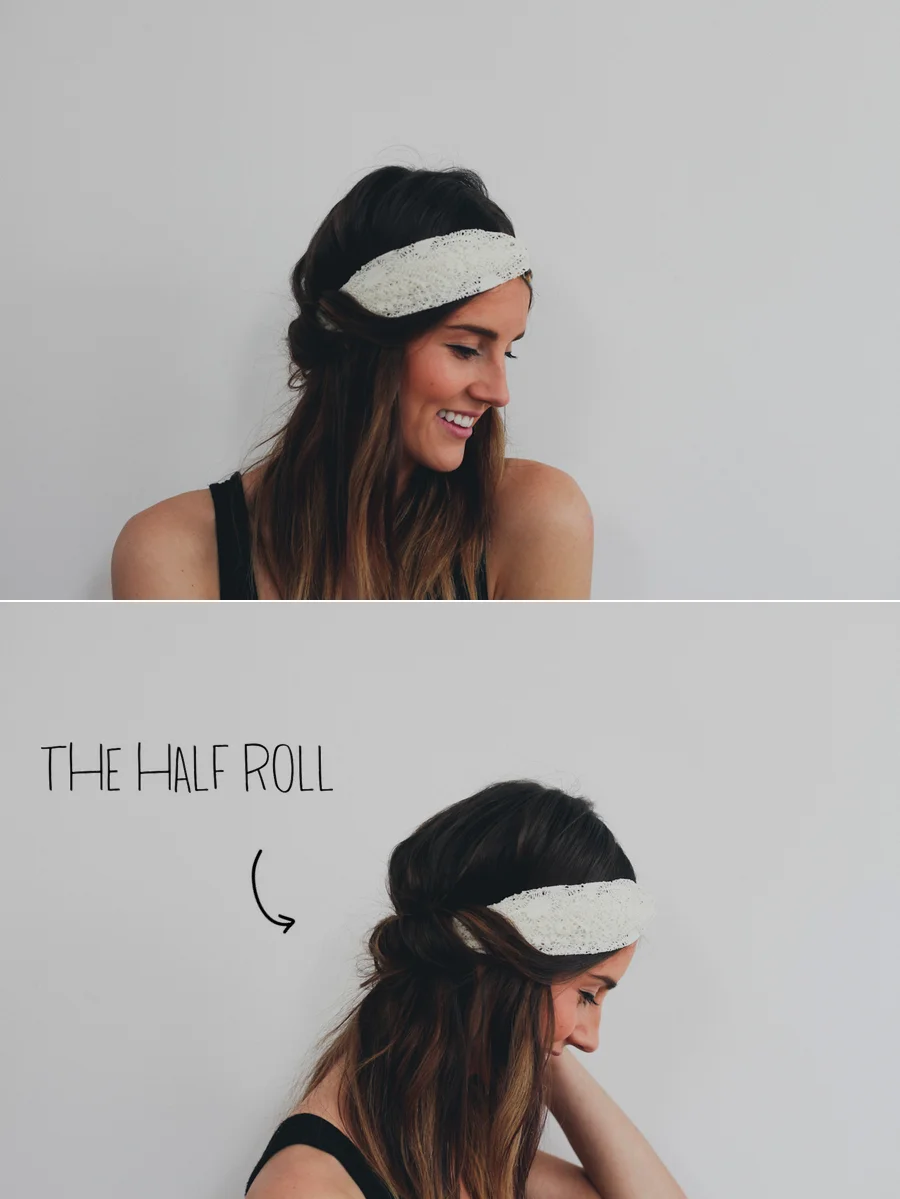 The Half Roll // Pull a few separate pieces from the front and wrap them around the headband toward the back.