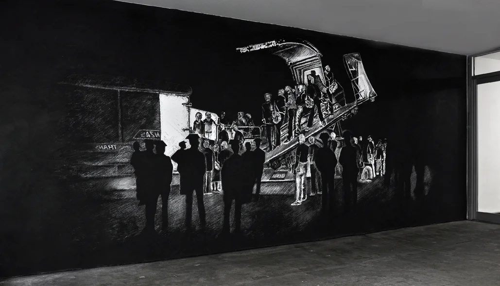 The return of Guernica to Spain, 2012. Charcoal drawing on wall. 350x800 cm.Exhibition Kill lies all, Newman Popiashvili Gallery, New York. La vuelta del Guernica a España, 2012. Dibujo mural en carbón, 2012. Exposición Kill Lies All, Galeria Newman Popiashvili, New York. On April 26, 1937, German bombers destroyed the Basque village of Guernica, killing thousands of people, a horror immortalized by Picasso in what may be the most famous political work of modern times. Arce, a Spaniard making his New York solo début, grapples with the devolution of that masterpiece into a symbol in a group of engravings, a mural, and a sculpture, which document its fraught history. (The show takes its title, “Kill All Lies,” from the phrase that Tony Shafrazi spray-painted on the canvas, at MOMA in 1974.) The only work in which Arce offers a glimpse of the image itself is a large drawing—a one-to-one scale reproduction— which lies in a crumpled mess on the floor, reinforcing the idea that the painting’s travails now overshadow the event it was conceived to commemorate.