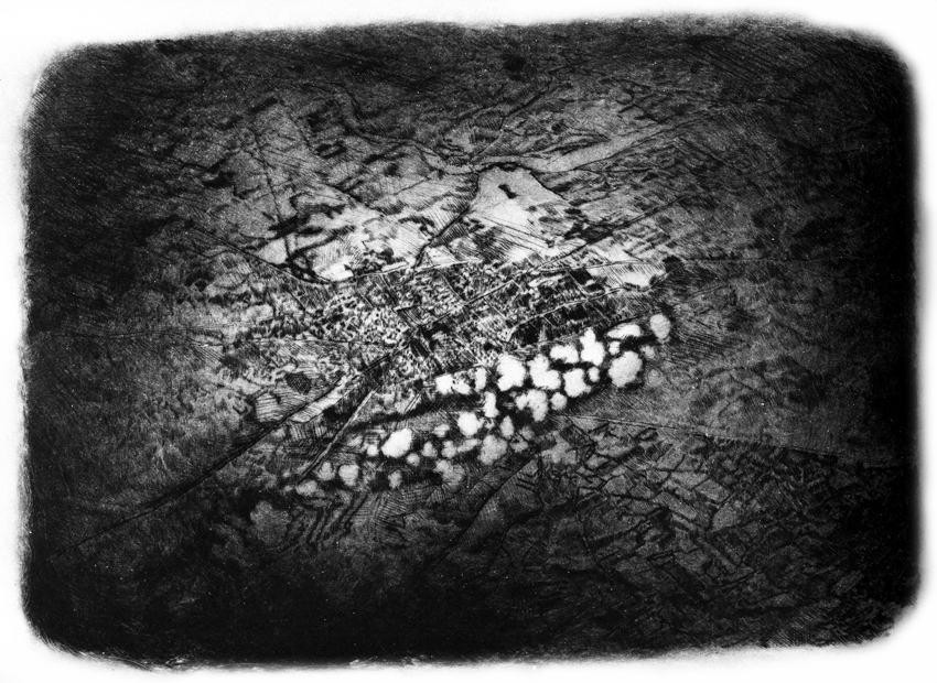 Incendiary bombs are dropped againnst a civilian population for the first time. Gernika 26 of April 1937, 2012. Drypoint print, 1/9, 39x46,5 cm. Por primera vez se arrojan bombas incendiarias contra una población civil, Gernika 26 de Abril de 1937, Punta seca, 1/9, 39x46,5 cm. 
