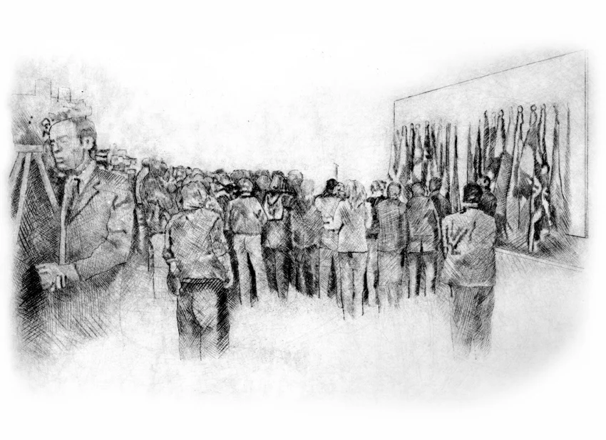 Tapestry version of uernica in the United nations has been covered over because Collin Powell is giving a briefing to the pres about the War in Iraq where literallly much was being covered up, 2012. Drypoint print, 1/9, 39x46,5 cm. La versión tapiz del Guernica en las Naciones Unidas se ha tapado porque Collin Powell da una rueda de prensa sobre el inmienete ataque a Irak, 2012. Punta seca, 1/9, 39x46,5 cm. 