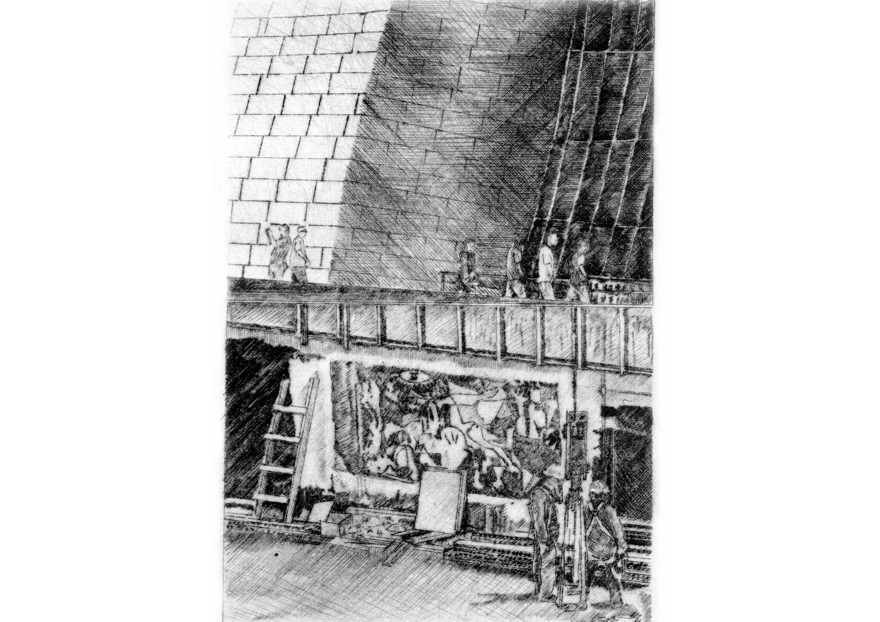 Somebody painted Guernica in the foundations of the Guggenheim Bilbao, 2012. Drypoint print, 1/9, 39x46,5 cm. Alguien pintó el Guernica en los cimientos del Guggenheim Bilbao cuando estaban construyendo el museo, 2012. Punta seca, 1/9, 39x46,5 cm. 