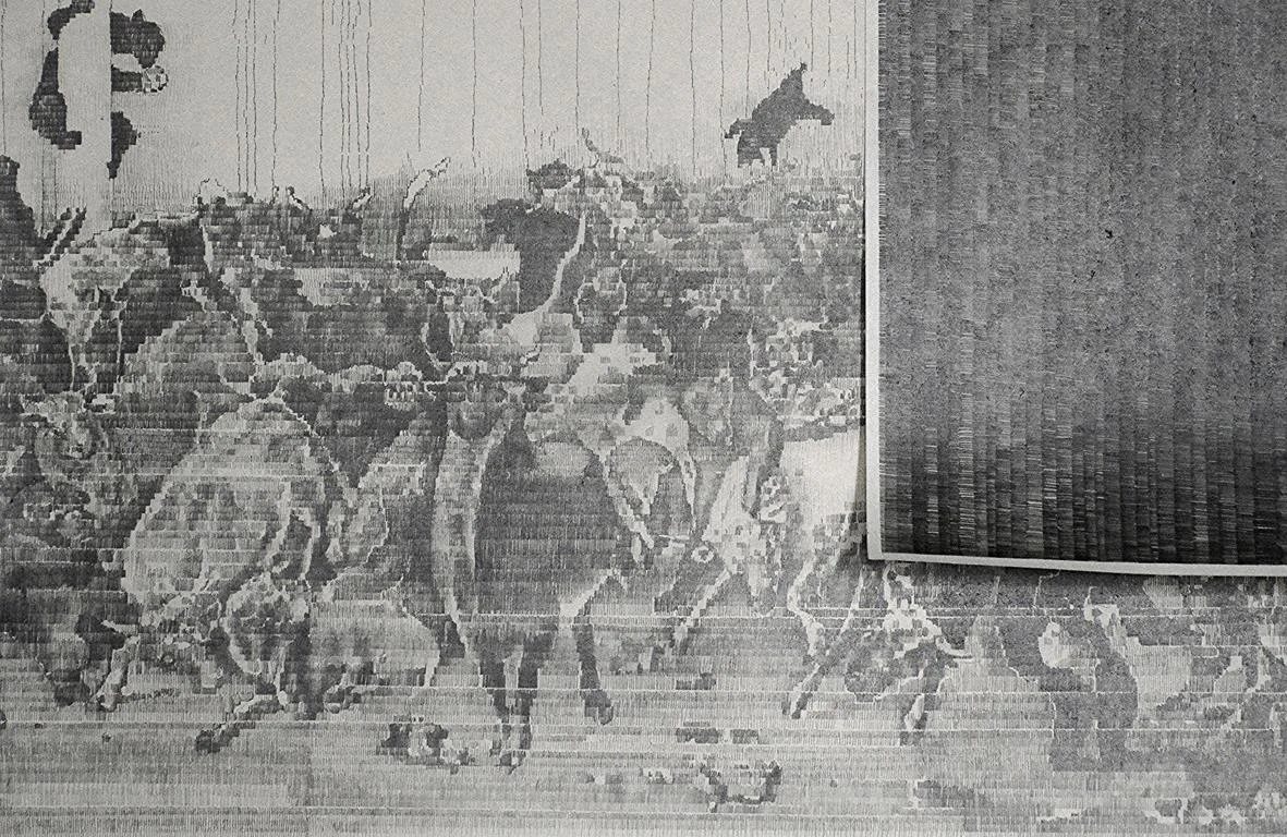 Detail of The battle of bulls and bears in Wall Street, 2012. Propelling pencil on newspaper, 95,5 x 95,5 cm. Detalle The Battle of bulls and bears in Wall Street, 2012. Lápiz portaminas y papel prensa. 95,5 x 95,5cm.