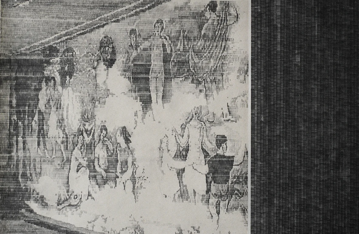 Detail of The joy of life, 2012. Propelling pencil on newspaper, 70 x 110 cm. Detalle The joy of life, 2012. Lápiz portaminas y papel prensa. 70 x 110 cm.