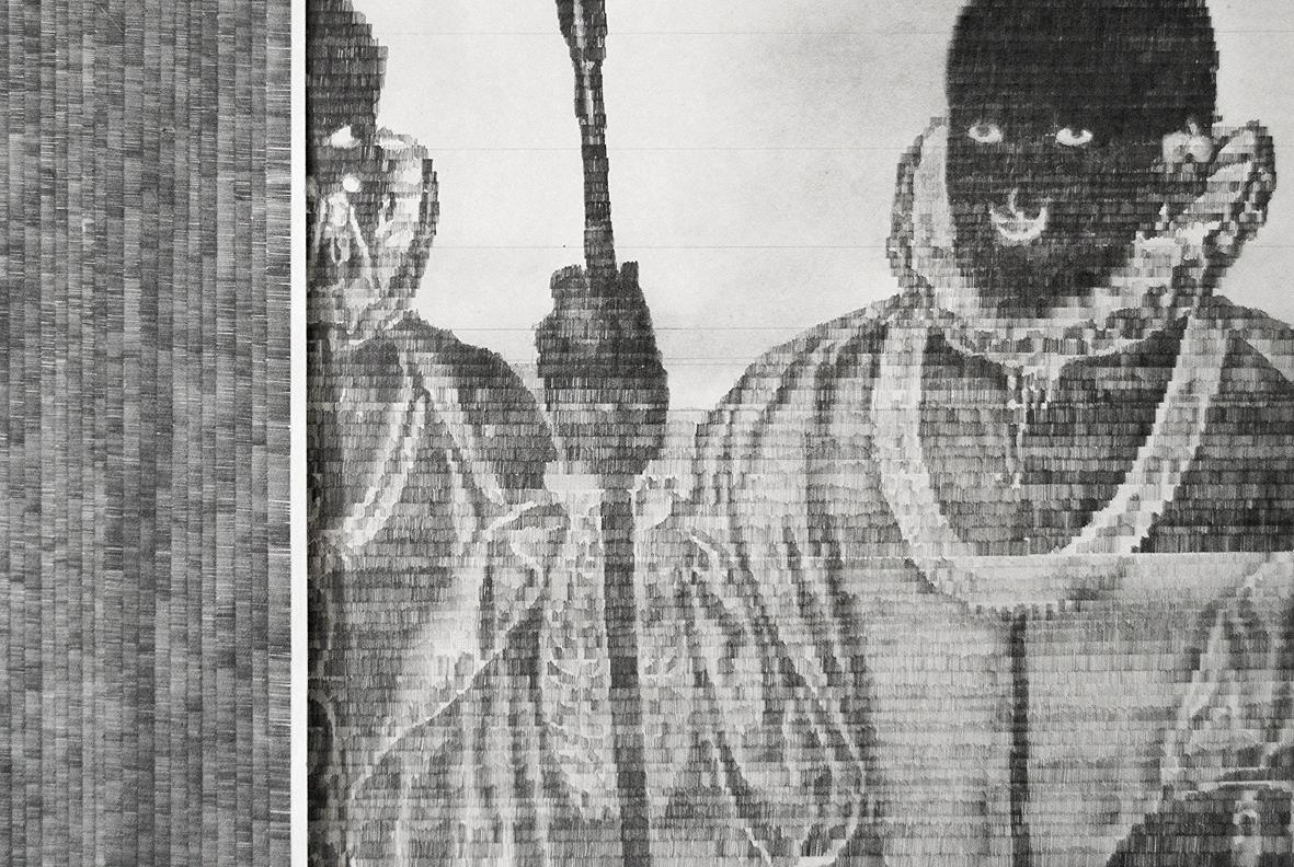 Detail of Negros españoles, 2013. Propelling pencil on newspaper, 95,5 x 110 cm. Detalle Negros españoles, 2013. Lápiz portaminas y papel prensa. 95,5 x 110 cm.