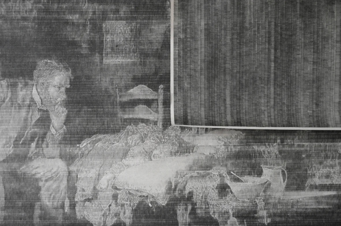 Detail of The Doctor, 2014. Propelling pencil on newspaper, 150 x 150 cm. Detalle The Doctor, 2014. Lápiz portaminas y papel prensa. 150 x 150 cm.