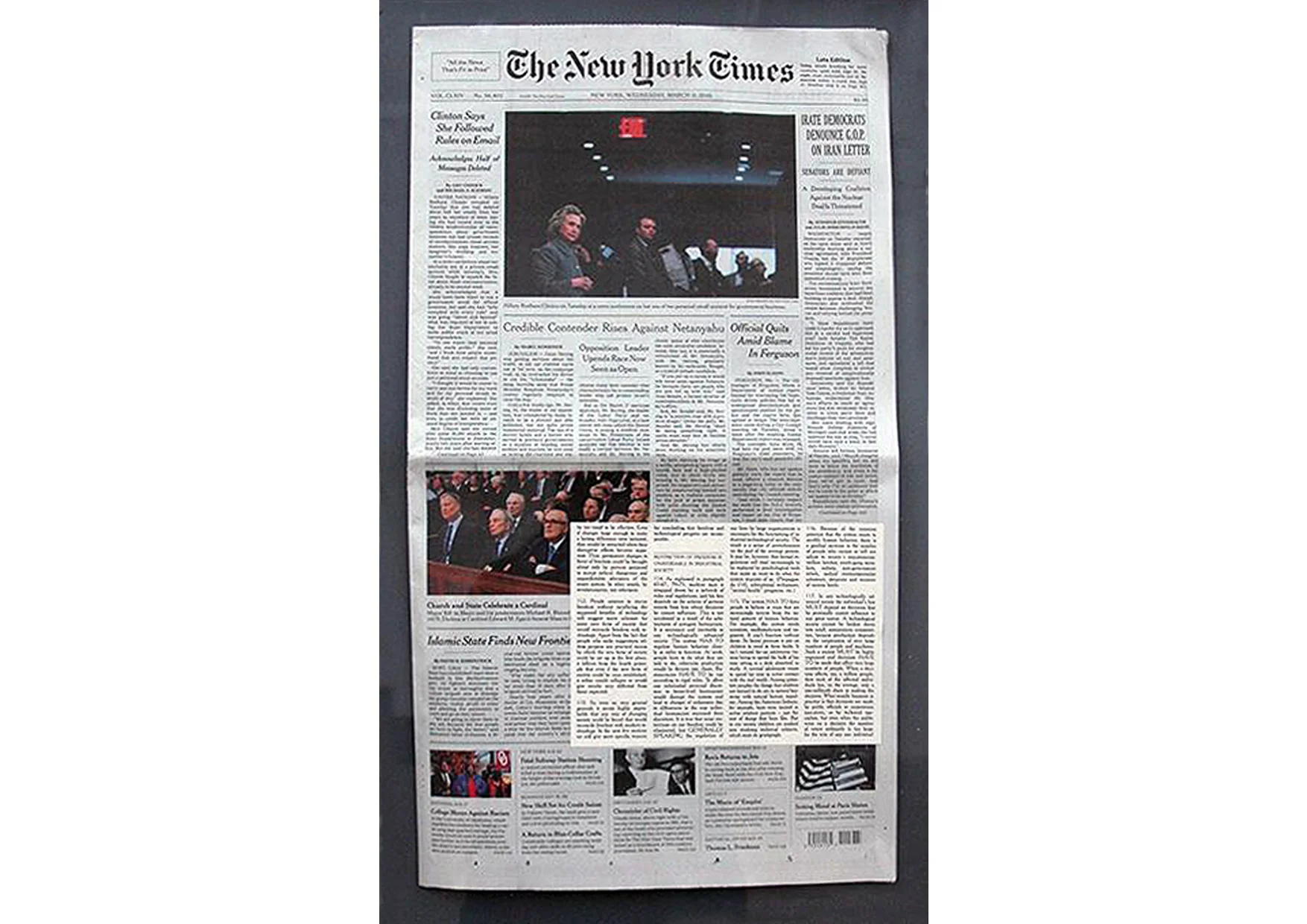 03.11.15 Untitled (Unabomber/ NY Times), 2015. Presentation case, daily newspaper, printed manifesto. dimensions Variable. 98. One more point to be made in this section: It should not be assumed that a person has enough freedom just because he SAYS he has enough. Freedom is restricted in part by psychological control of which people are unconscious, and moreover many people's ideas of what constitutes freedom are governed more by social convention than by their real needs. For example, it's likely that many leftists of the oversocialized type would say that most people, including themselves are socialized too little rather than too much, yet the oversocialized leftist pays a heavy psychological price for his high level of socialization. SOME PRINCIPLES OF HISTORY 99. Think of history as being the sum of two components: an erratic component that consists of unpredictable events that follow no discernible pattern, and a regular component that consists of long-term historical trends. Here we are concerned with the long-term trends. 100. FIRST PRINCIPLE. If a SMALL change is made that affects a long-term historical trend, then the effect of that change will almost always be transitory - the trend will soon revert to its original state. (Example: A reform movement designed to clean up political corruption in a society rarely has more than a short-term effect; sooner or later the reformers relax and corruption creeps back in. The level of political corruption in a given society tends to remain constant, or to change only slowly with the evolution of the society. Normally, a political cleanup will be permanent only if accompanied by widespread social changes; a SMALL change in the society won't be enough.) If a small change in a long-term historical trend appears to be permanent, it is only because the change acts in the direction in which the trend is already moving, so that the trend is not altered but only pushed a step ahead. 101. The first principle is almost a tautology. If a trend were not stable with respect to small changes, it would wander at random rather than following a definite direction; in other words it would not be a long-term trend at all. 102. SECOND PRINCIPLE. If a change is made that is sufficiently large to alter permanently a long-term historical trend, than it will alter the society as a whole. In other words, a society is a system in which all parts are interrelated, and you can't permanently change any important part without change all the other parts as well. 103. THIRD PRINCIPLE. If a change is made that is large enough to alter permanently a long-term trend, then the consequences for the society as a whole cannot be predicted in advance. (Unless various other societies have passed through the same change and have all experienced the same consequences, in which case one can predict on empirical grounds that another society that passes through the same change will be like to experience similar consequences.) 104. FOURTH PRINCIPLE. A new kind of society cannot be designed on paper. That is, you cannot plan out a new form of society in advance, then set it up and expect it to function as it was designed to. 105. The third and fourth principles result from the complexity of human societies. A change in human behavior will affect the economy of a society and its physical environment; the economy will affect the environment and vice versa, and the changes in the economy and the environment will affect human behavior in complex, unpredictable ways; and so forth. The network of causes and effects is far too complex to be untangled and understood.