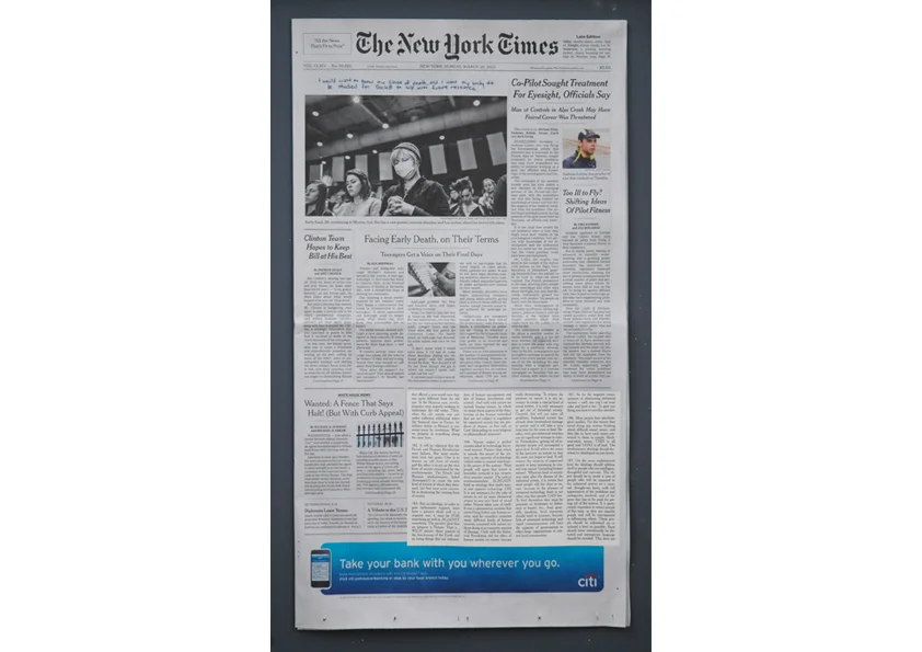 03.29.15 Untitled (Unabomber/ NY Times), 2015. Presentation case, daily newspaper, printed manifesto. dimensions Variable. 172. First let us postulate that the computer scientists succeed in developing intelligent machines that can do all things better that human beings can do them. In that case presumably all work will be done by vast, highly organized systems of machines and no human effort will be necessary. Either of two cases might occur. The machines might be permitted to make all of their own decisions without human oversight, or else human control over the machines might be retained. 173. If the machines are permitted to make all their own decisions, we can't make any conjectures as to the results, because it is impossible to guess how such machines might behave. We only point out that the fate of the human race would be at the mercy of the machines. It might be argued that the human race would never be foolish enough to hand over all the power to the machines. But we are suggesting neither that the human race would voluntarily turn power over to the machines nor that the machines would willfully seize power. What we do suggest is that the human race might easily permit itself to drift into a position of such dependence on the machines that it would have no practical choice but to accept all of the machines decisions. As society and the problems that face it become more and more complex and machines become more and more intelligent, people will let machines make more of their decision for them, simply because machine-made decisions will bring better result than man-made ones. Eventually a stage may be reached at which the decisions necessary to keep the system running will be so complex that human beings will be incapable of making them intelligently. At that stage the machines will be in effective control. People won't be able to just turn the machines off, because they will be so dependent on them that turning them off would amount to suicide. 174. On the other hand it is possible that human control over the machines may be retained. In that case the average man may have control over certain private machines of his own, such as his car of his personal computer, but control over large systems of machines will be in the hands of a tiny elite -- just as it is today, but with two difference. Due to improved techniques the elite will have greater control over the masses; and because human work will no longer be necessary the masses will be superfluous, a useless burden on the system. If the elite is ruthless the may simply decide to exterminate the mass of humanity. If they are humane they may use propaganda or other psychological or biological techniques to reduce the birth rate until the mass of humanity becomes extinct, leaving the world to the elite. Or, if the elite consist of soft-hearted liberals, they may decide to play the role of good shepherds to the rest of the human race. They will see to it that everyone's physical needs are satisfied, that all children are raised under psychologically hygienic conditions, that everyone has a wholesome hobby to keep him busy, and that anyone who may become dissatisfied undergoes "treatment" to cure his "problem." Of course, life will be so purposeless that people will have to be biologically or psychologically engineered either to remove their need for the power process or to make them "sublimate" their drive for power into some harmless hobby. These engineered human beings may be happy in such a society, but they most certainly will not be free. They will have been reduced to the status of domestic animals. 175. But suppose now that the computer scientists do not succeed in developing artificial intelligence, so that human work remains necessary. Even so, machines will take care of more and more of the simpler tasks so that there will be an increasing surplus of human workers at the lower levels of ability. (We see this happening already. There are many people who find it difficult or impossible to get work, because for intellectual or psychological reasons they cannot acquire the level of training necessary to make themselves useful in the present system.) On those who are employed, ever-increasing demands will be placed; They will need more and m ore training, more and more ability, and will have to be ever more reliable, conforming and docile, because they will be more and more like cells of a giant organism. Their tasks will be increasingly specialized so that their work will be, in a sense, out of touch with the real world, being concentrated on one tiny slice of reality. The system will have to use any means that I can, whether psychological or biological, to engineer people to be docile, to have the abilities that the system requires and to "sublimate" their drive for power into some specialized task. But the statement that the people of such a society will have to be docile may require qualification. The society may find competitiveness useful, provided that ways are found of directing competitiveness into channels that serve that needs of the system. We can imagine into channels that serve the needs of the system. We can imagine a future society in which there is endless competition for positions of prestige an power. But no more than a very few people will ever reach the top, where the only real power is (see end of paragraph 163). Very repellent is a society in which a person can satisfy his needs for power only by pushing large numbers of other people out of the way and depriving them of THEIR opportunity for power.