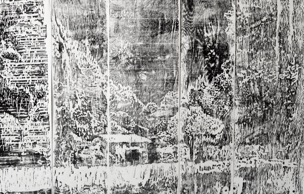 Detail of Retry the life experiment in the communal, 2014. Woodcut print on paper, wooden door. 54.5 x 36 inches. Ed. of 5, 2 AP. Ed. 1/5 with door. Ed.2-5/5.