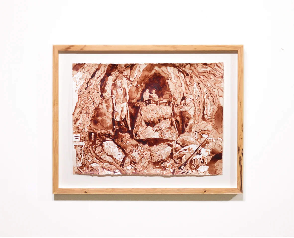 ENGAÑA (Equipo de avance durante la perforación). Sangre mía sobre papel Hahnemühle, marco madera de Abedul. 37,5 x 48 cm. 2016. ENGAÑA (Equipo de avance durante la perforación). My blood on paper Hahnemühle, Birch wood frame.37,5 x 48 cm. 2016.