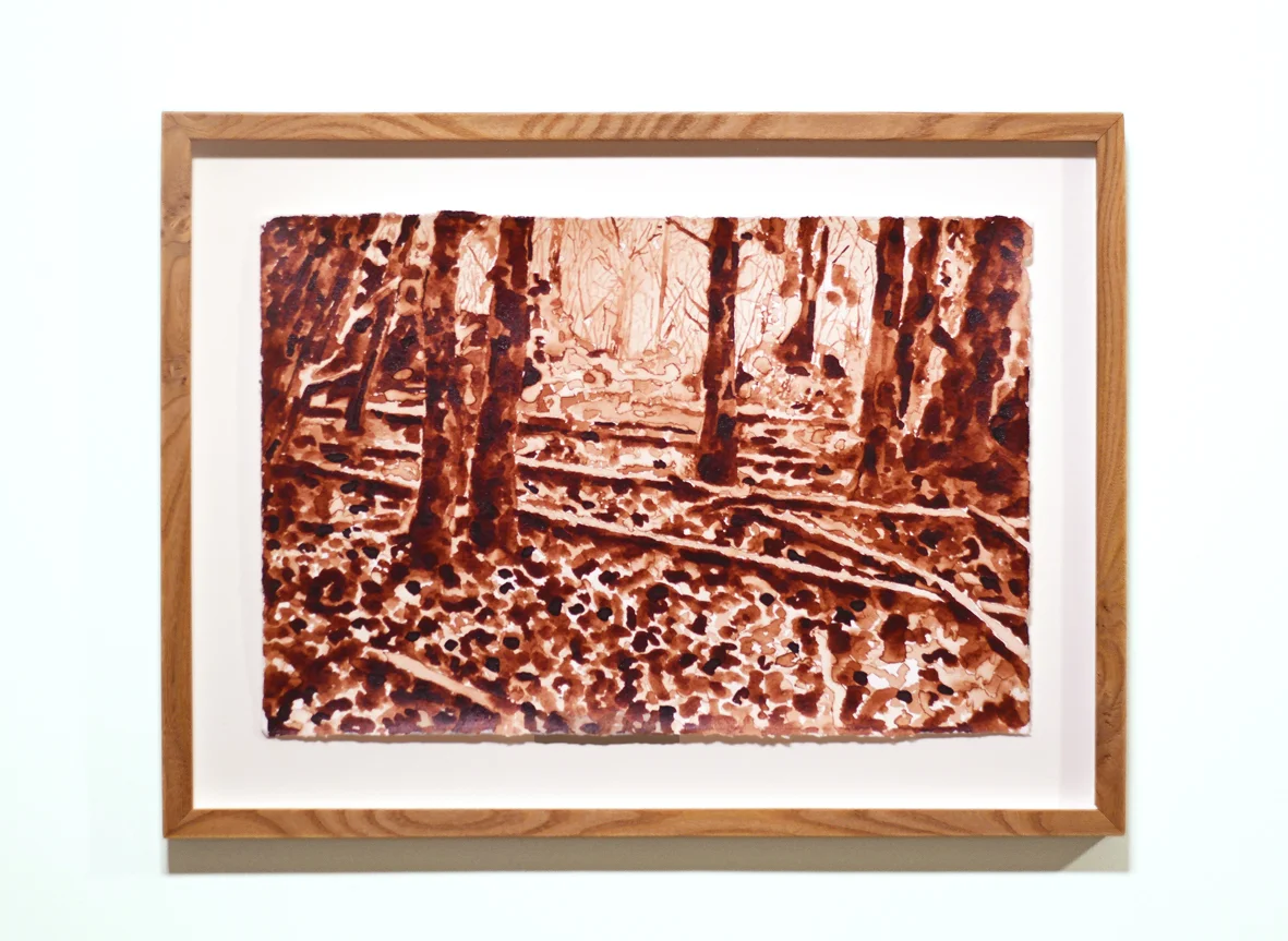 ENGAÑA (Playa de vías del Santander-Mediterráneo). Sangre mía sobre papel Hahnemühle, marco madera de Olmo. 36,3 x 48,5 cm. 2015. ENGAÑA (Playas de vías del Santander-Mediterraneo). My blood on Hahnemühle paper, wood frame elm. 36,3 x 48,5 cm. 2015.