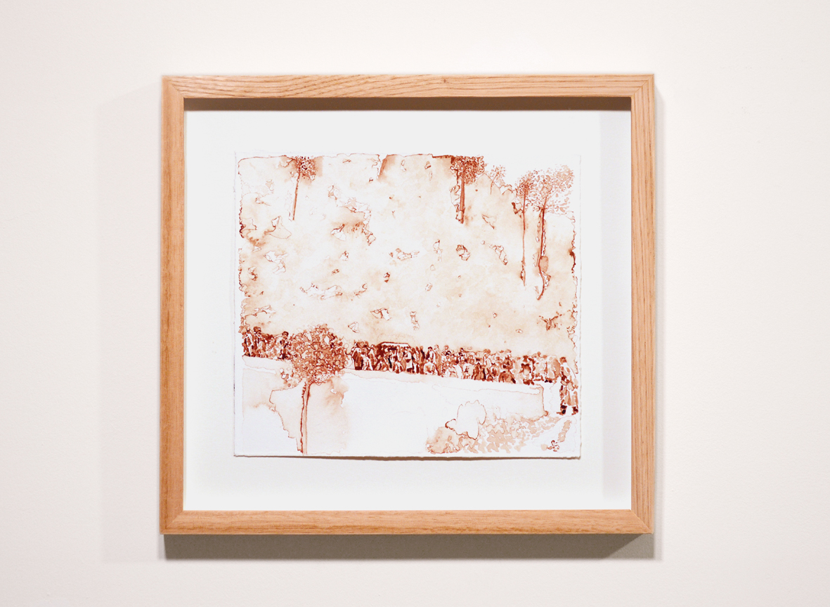 ENGAÑA (Funeral). Sangre mía sobre papel Hahnemühle, marco madera de Eucalipto. 30 x 33 cm. 2016. ENGAÑA (Funeral). My blood on Hahnemühle paper, wood frame Eucalyptus. 30 x 33 cm. 2016.