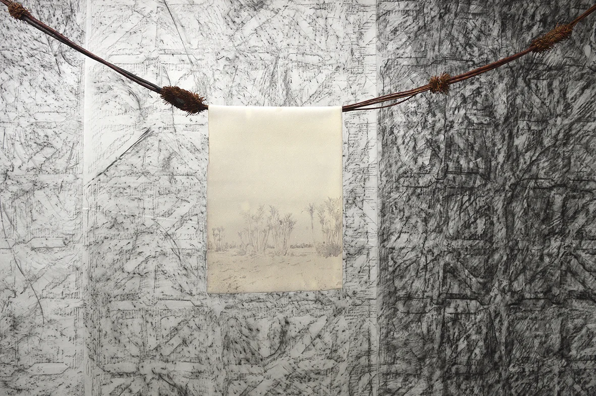 Detalle de Lo que no se puede mirar se convierte en imagen #2 , 2018. Frottage sobre papel de arroz, rienda camellera de cuero, bolsa de plástico y objeto, nitrato de plata sobre papel Hahnemühle, barra fotográfica monopole, collage, impresión inyección de tinta sobre papel Hannehemühle, marco de madera con papel Kraft, medidas variables. Lo que no se puede mirar se convierte en imagen #2 , 2018. Frottage on rice paper, leather camellera rein, plastic bag and object, silver nitrate on Hahnemühle paper, monopole photo bar, collage, inkjet print on Hannehemühle paper, wooden frame with Kraft paper, variable measures.