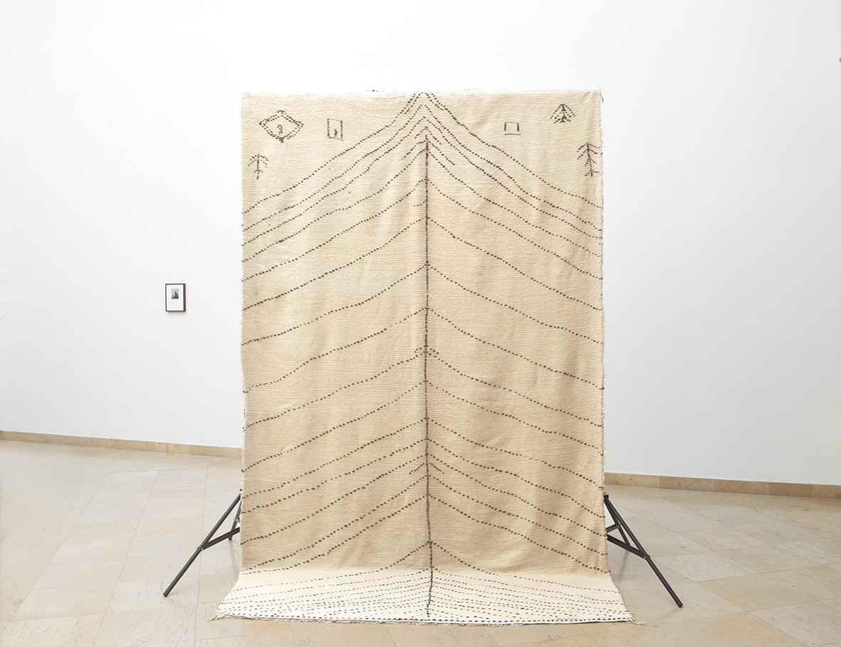 Sobre cómo puede flotar una uva en el océano #8 , 2018. Alfombra nudo bucle Beni Ouraïn, fondo fotográfico, pita, nitrato de plata sobre papel y croma, 270 x 190 x 60 cm. Sobre cómo puede flotar una uva en el océano #8 , 2018. Berber carpet, pita tree, silver nitrate on paper, chroma, photographic background support, 270 x 190 x 60 cm.