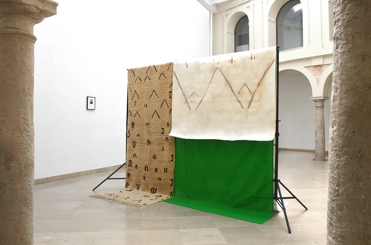 Sobre cómo puede flotar una uva en el océano #9 , 2018. Alfombra Azilal, plantas de esparto, nitrato de plata sobre papel y croma, 200 x 250 x 60 cm. Sobre cómo puede flotar una uva en el océano #9 , 2018. Azilal carpet, esparto plants, silver nitrate on paper, chroma, photographic background support, 200 x 250 x 60 cm.